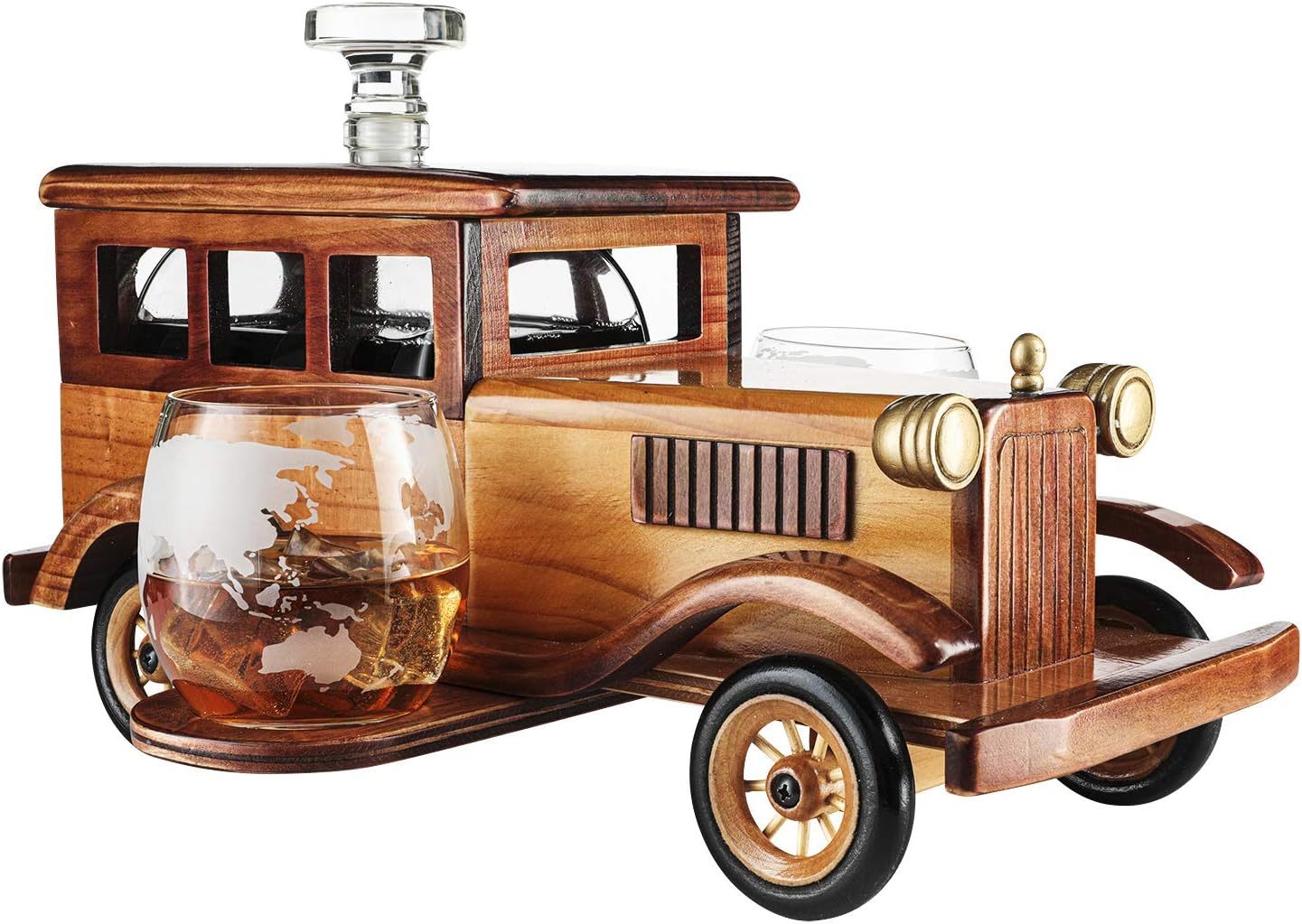 Old Fashioned Car Whiskey Decanter Set, Very Large 15" x 13" x 7" 750ml Decanter Spigot, and 2-10oz Whiskey Tumbler Old Fashion Glasses