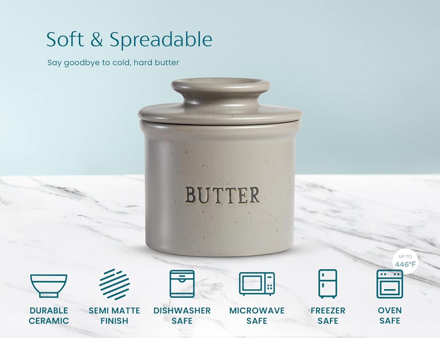 Butter Keeper Dish, French Ceramic Crock For Counter With Lid, Embossed Container, For Soft Butter