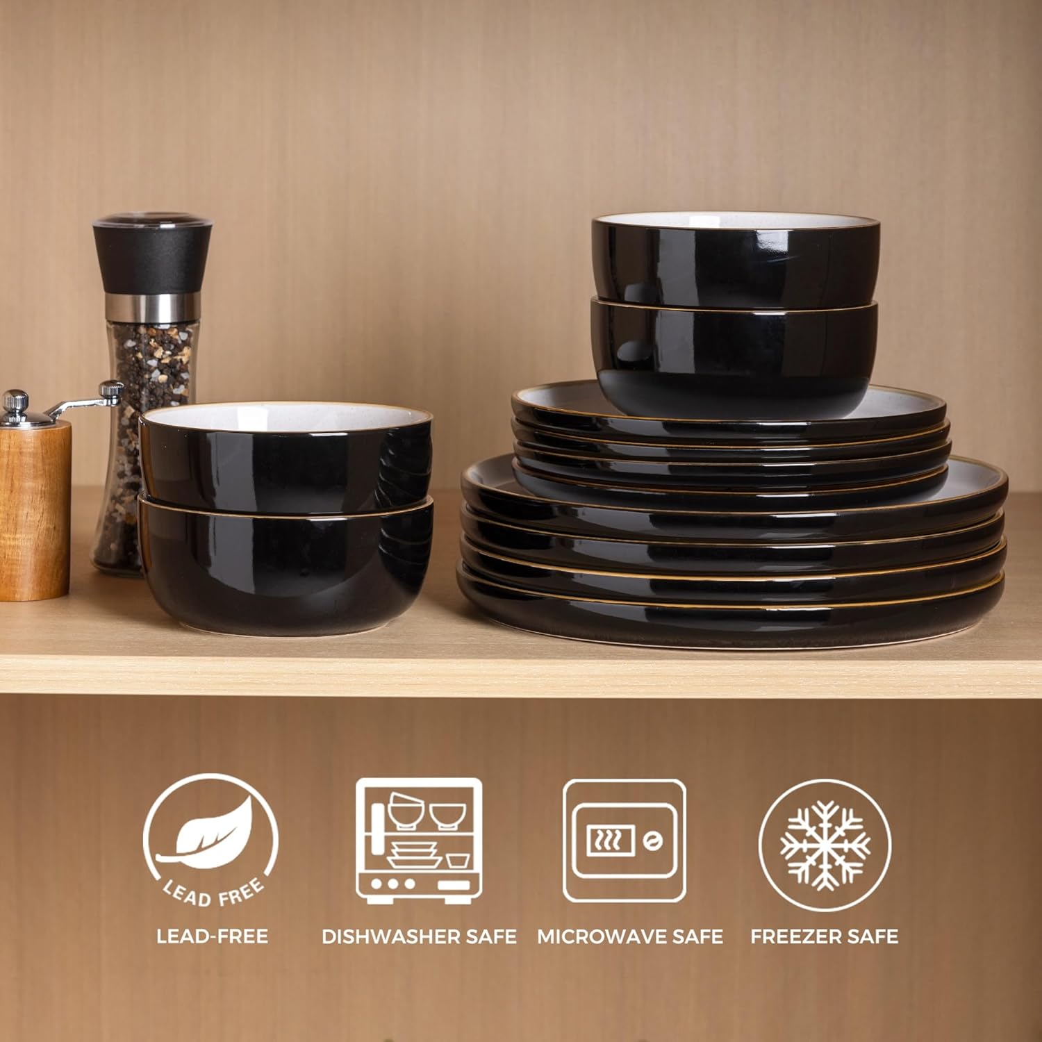 Dinnerware Set, 12 Pieces Ceramic Plates and Bowls Set, Stoneware Plates Set Handpainted, Dishwasher & Microwave Safe Dishes Set (Speckled Black & White, Service for 4)