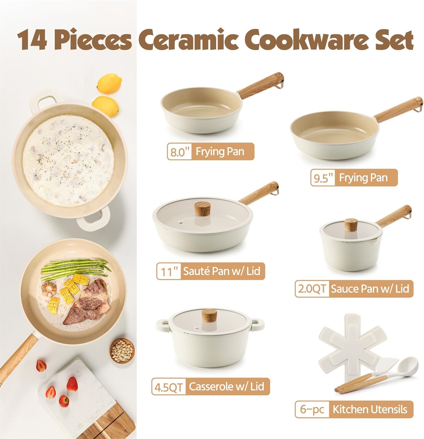 Ceramic Nonstick Pots and Pans Set 14pcs, Healthy Cookware Set, Non-toxic Induction Kitchen Cooking Set, Dishwasher & Oven Safe, PFAS/PTFE/PFOA Free