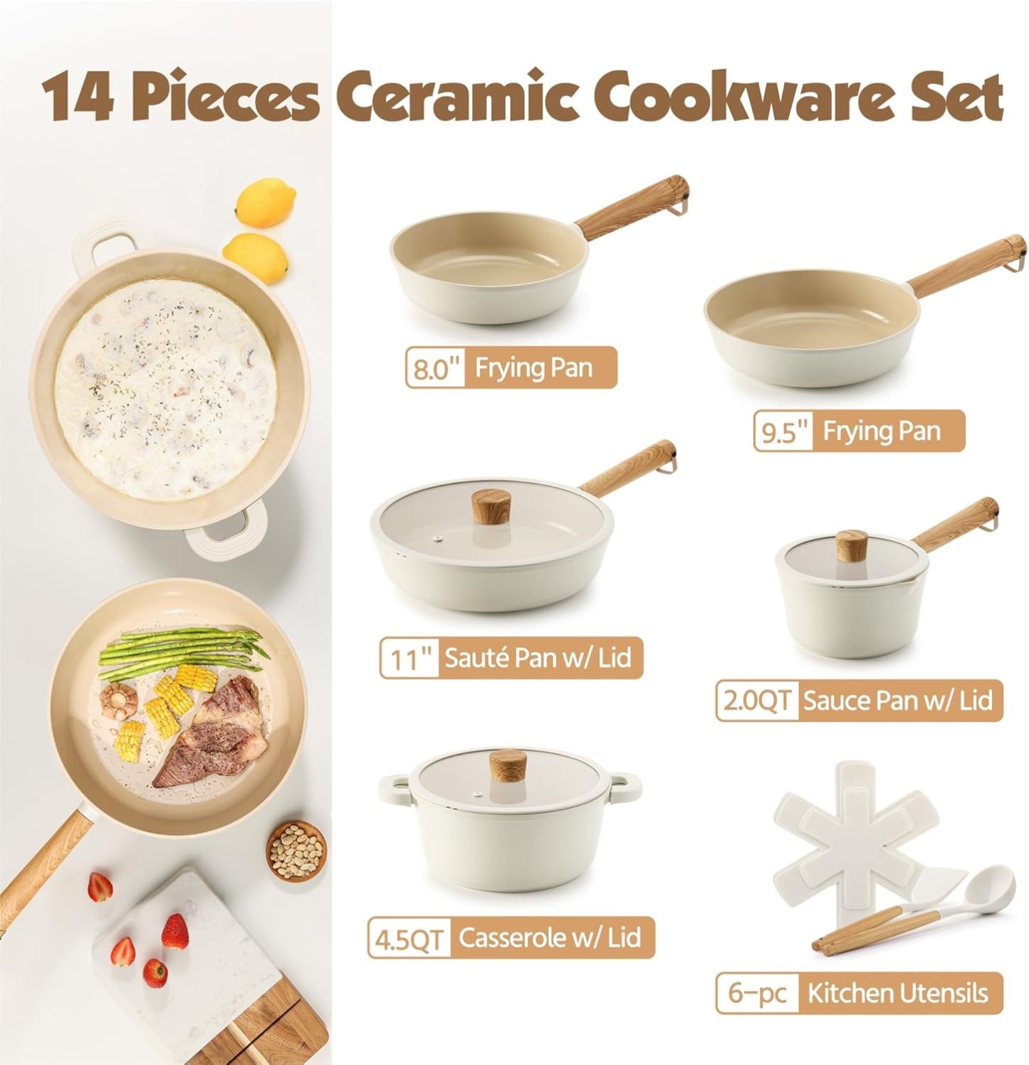 Ceramic Nonstick Pots and Pans Set 14pcs, Healthy Cookware Set, Non-toxic Induction Kitchen Cooking Set, Dishwasher & Oven Safe, PFAS/PTFE/PFOA Free