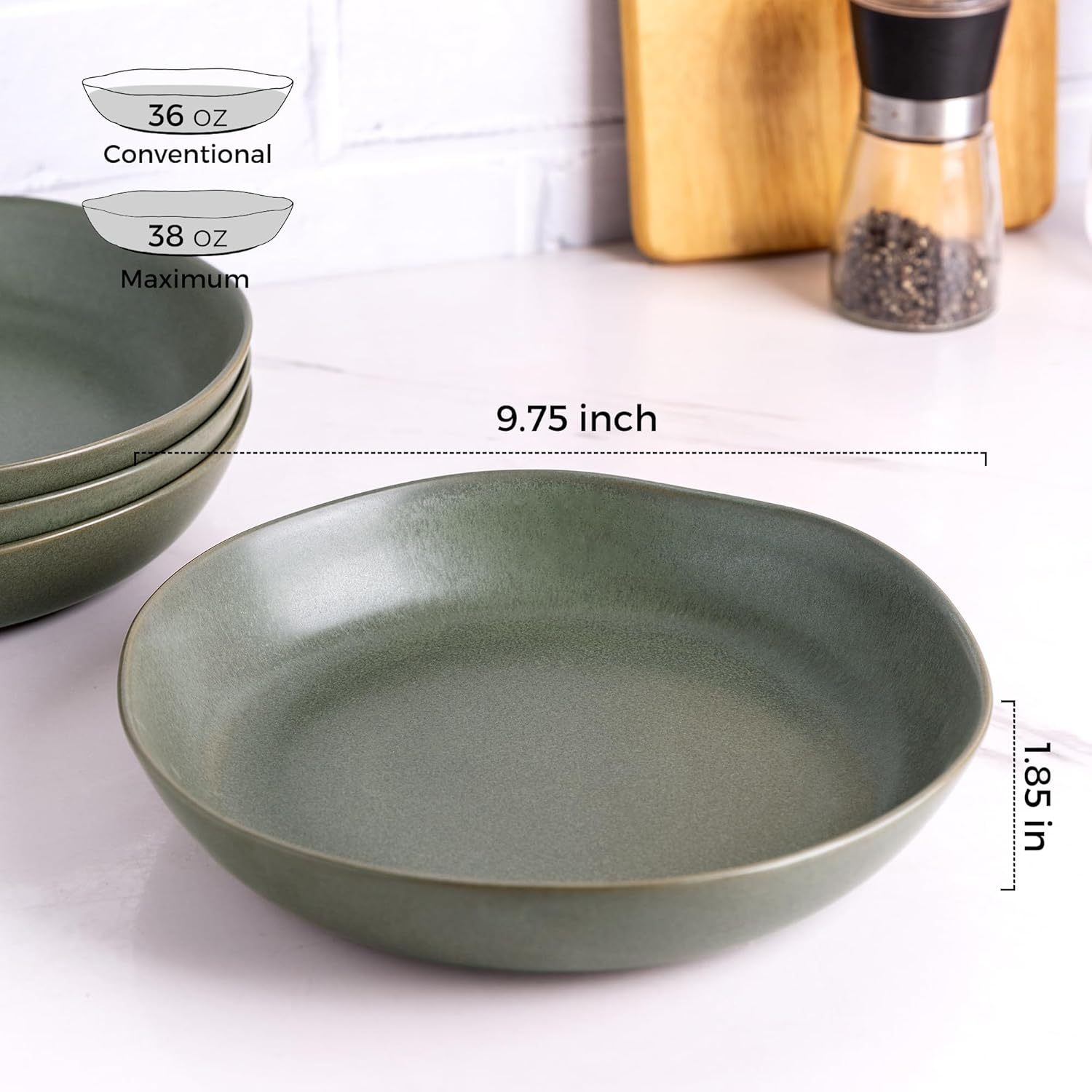 9.75'' Ceramic Large Pasta Bowls, 38oz Stoneware Flat Serving Bowls Set of 4, Oven,Microwave&Dishwasher Safe Bowls with Wavy Rim for Fruit Pasta Salad Meal, Reavtive-Matte