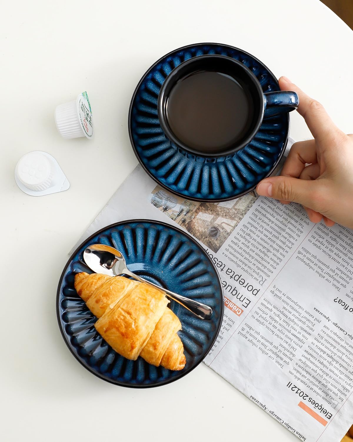 6 Oz Cappuccino Cups with Saucers Set, Ceramic Ribbed Coffee Cup Set of 6 for Coffee,Tea,Latte and Mocha, Aesthetic Gift for Anniversary or Holiday, Blue