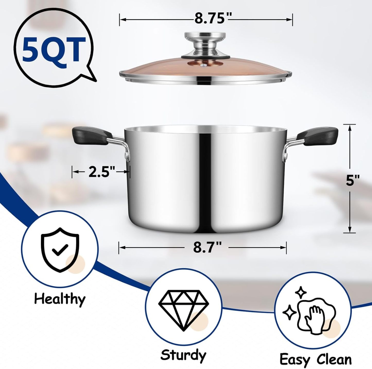 Stainless Steel Tri-ply Pasta Cooking Pot & Glass Lid with Heat-proof Handles, for Cooking Baking Boiling, Non-toxic & Heavy Duty, Various Stovetops & Dishwasher Safe