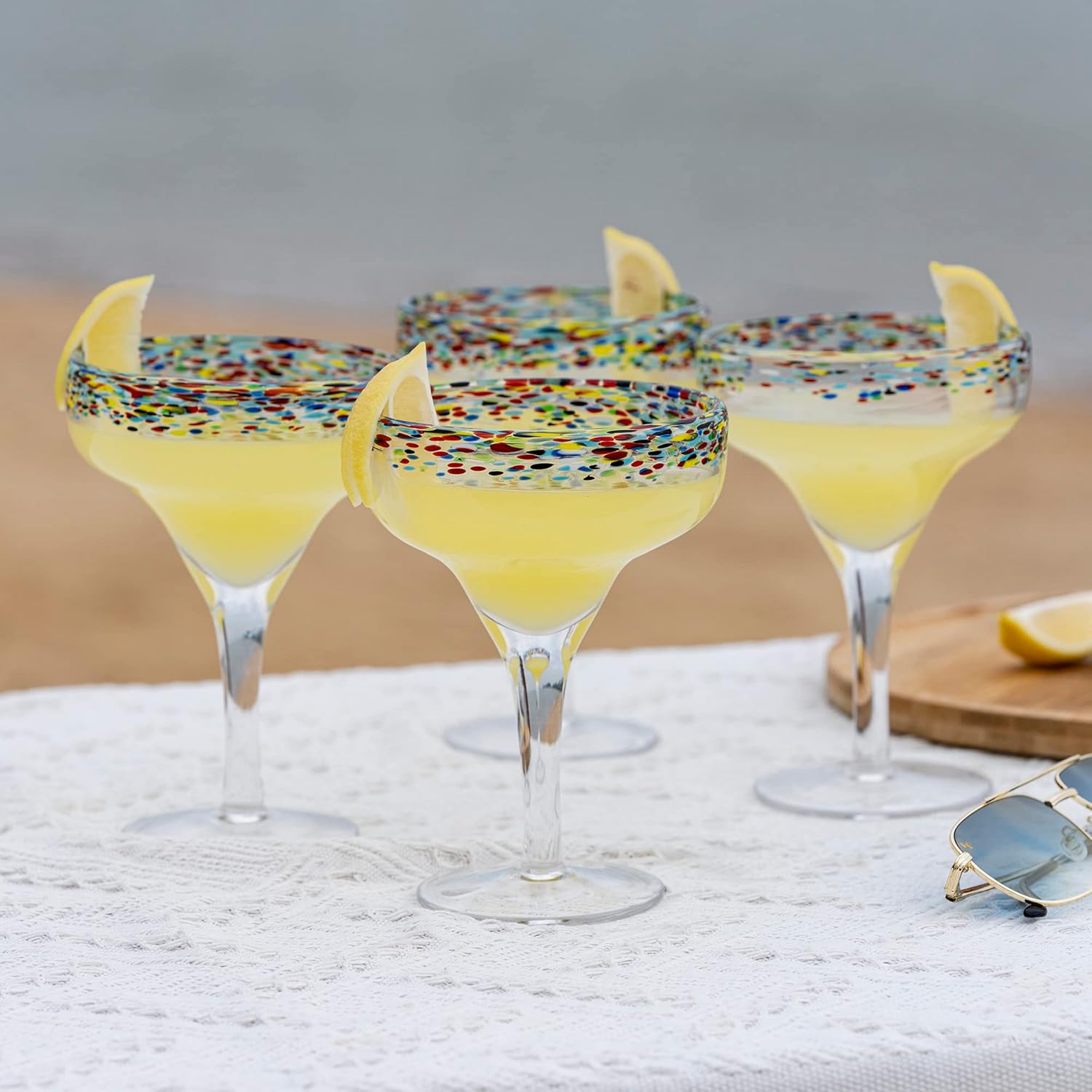 Margarita Glasses – Set of 4 - Luxury Hand Blown Confetti Margaritas, Cocktails, Water, Wine, Dessert, Martini & Champagne Cinco de Mayo