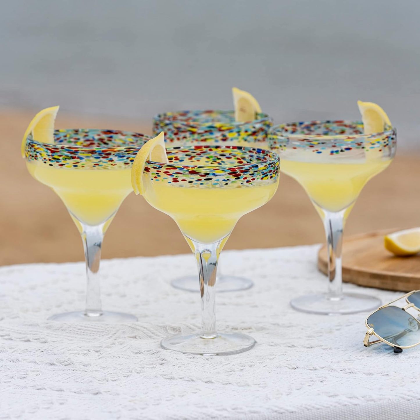 Margarita Glasses – Set of 4 - Luxury Hand Blown Confetti Margaritas, Cocktails, Water, Wine, Dessert, Martini & Champagne Cinco de Mayo
