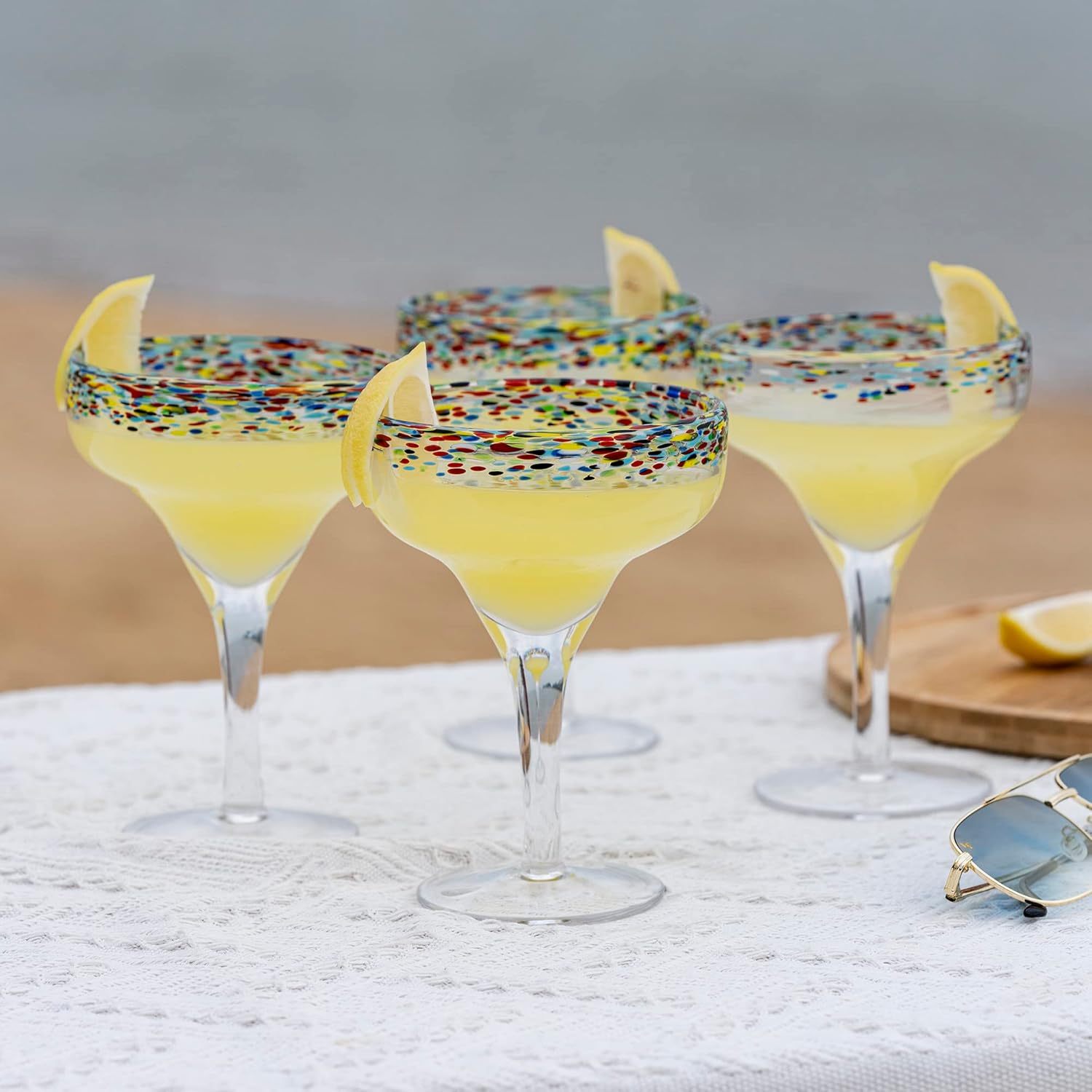 Margarita Glasses – Set of 4 - Luxury Hand Blown Confetti Margaritas, Cocktails, Water, Wine, Dessert, Martini & Champagne Cinco de Mayo