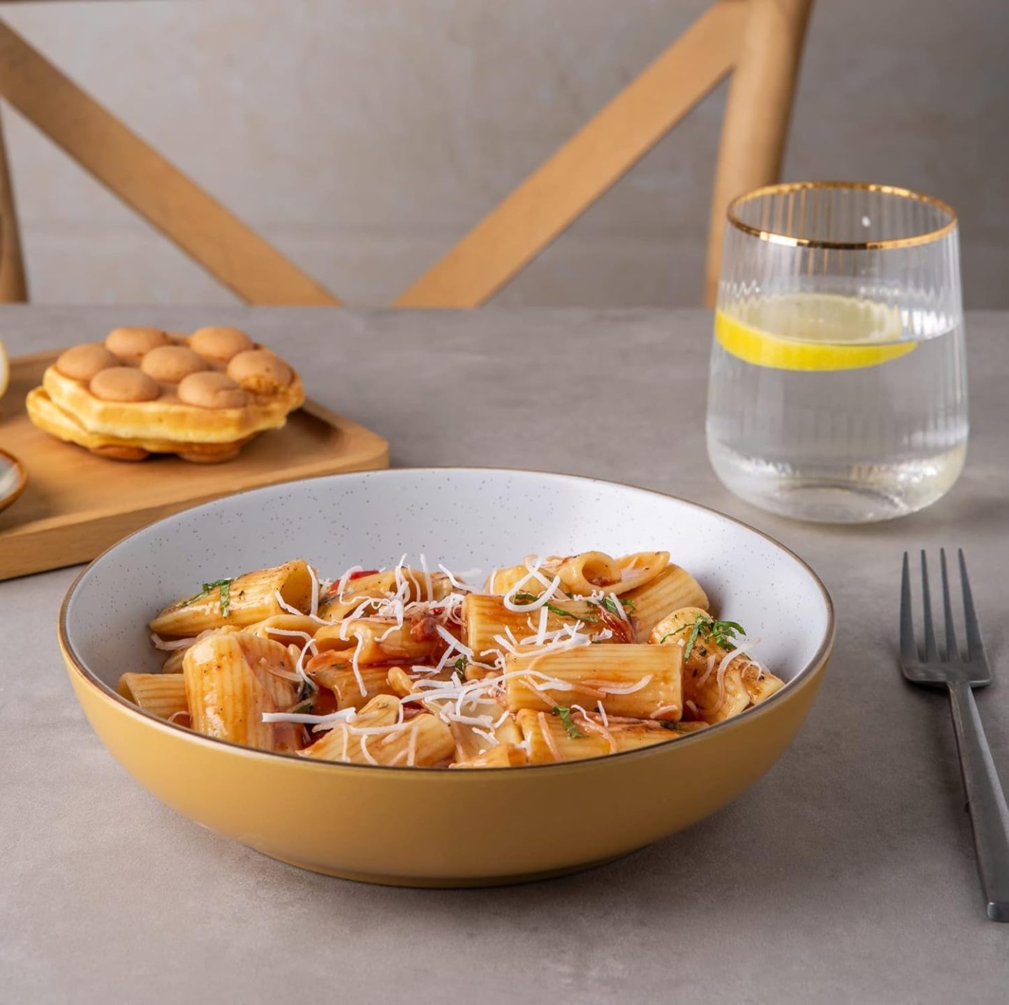 8.5'' Stoneware Pasta Bowls, 32oz Large Speckled Bowls Set of 4 for Kitchen, Wide Bowls for Pasta,Salad,Oatmeal, Microwave&Dishwasher Safe, Matte Yellow