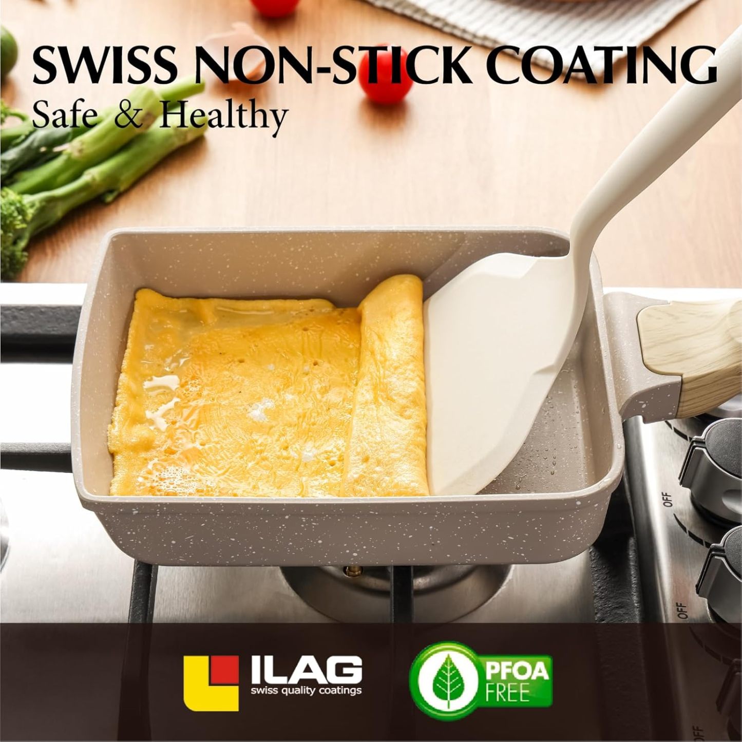 Japanese Omelette Pan, Tamagoyaki Egg Pan, Nonstick Frying Pan with Spatula, Healthy Granite Cookware, PFOS & PFOA Free, 6" x 7" (White)