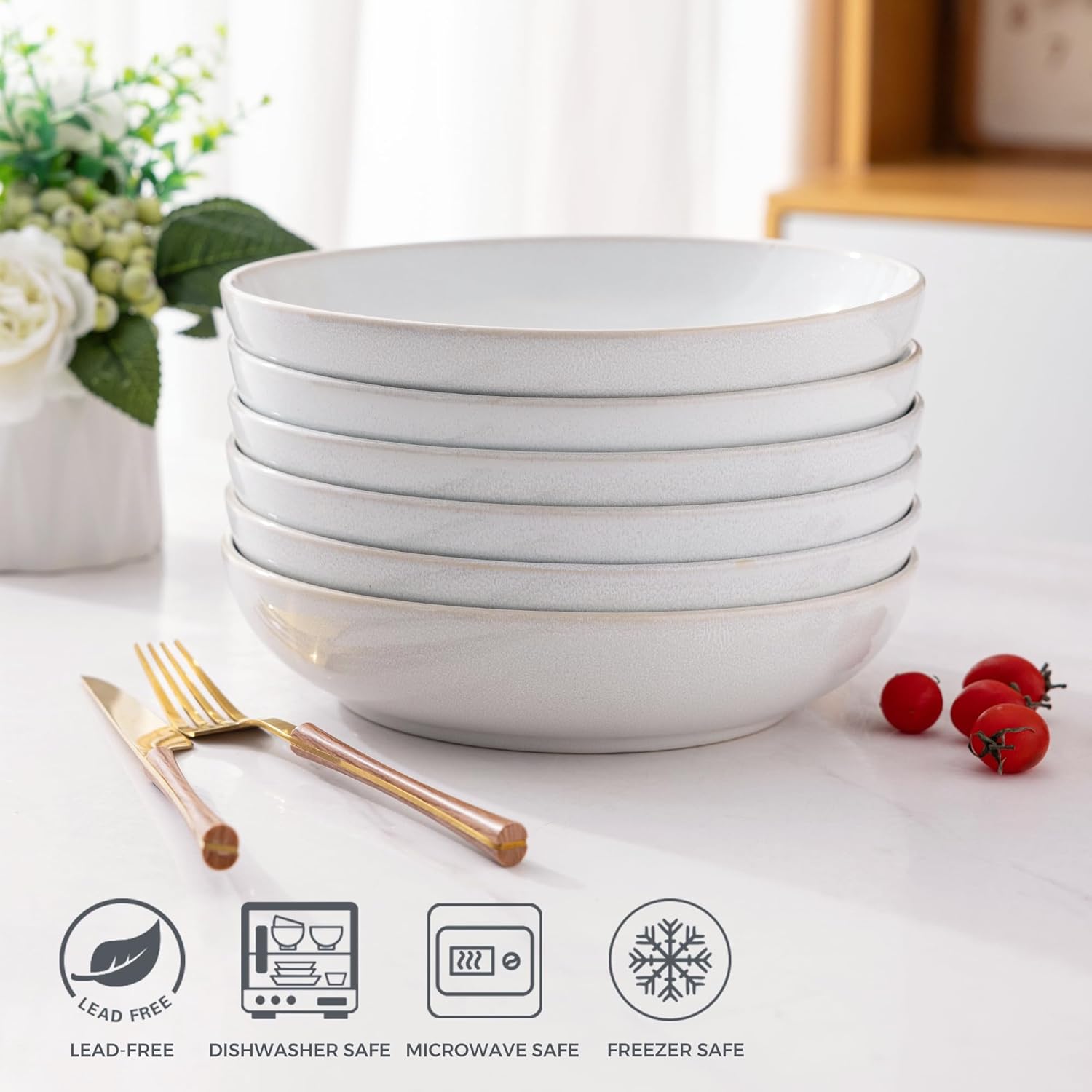 8.5'' Large Ceramic Pasta Bowls, 36oz Stoneware Pasta Serving Bowls Set of 6 for Kitchen, Wide Bowls for Pasta,Salad,Oatmeal, Microwave Safe, Reactive-Color