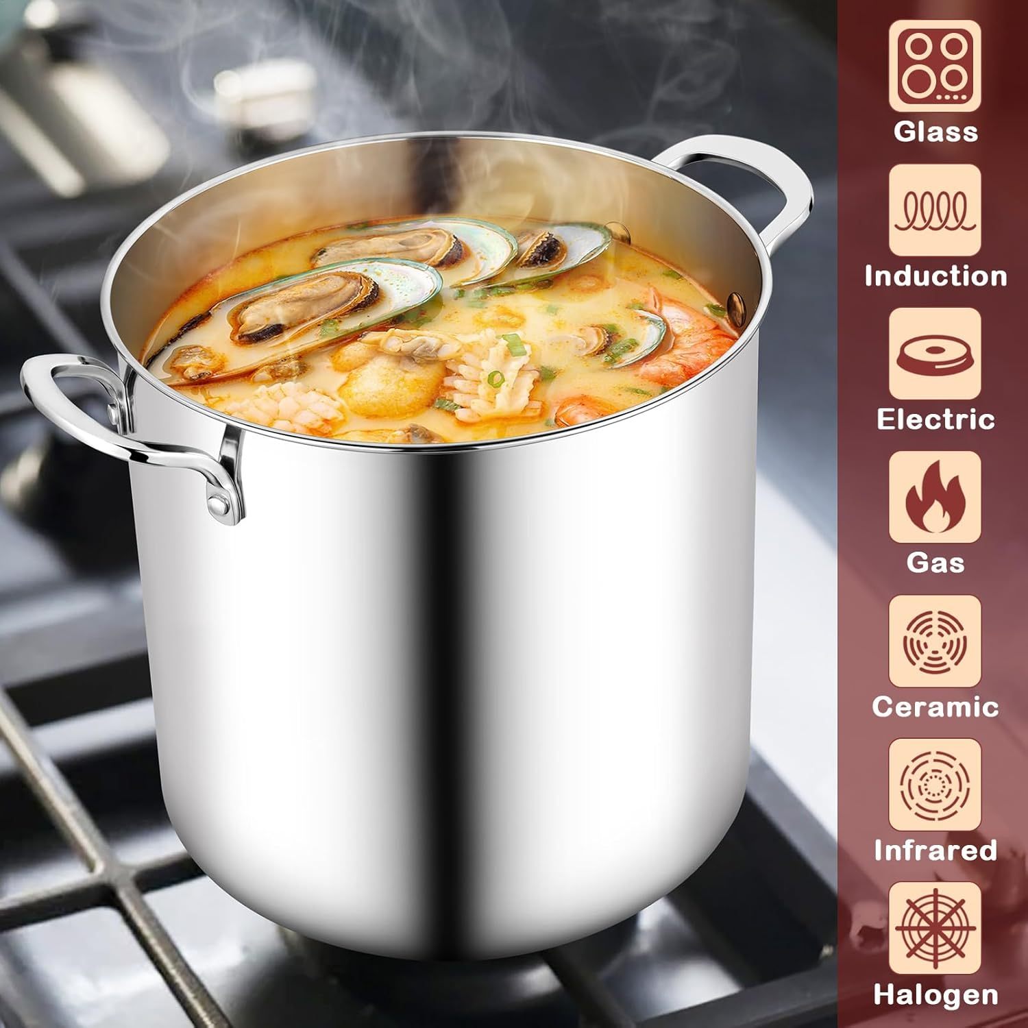 12 Quart Stock Pot, Stainless Steel Tri-ply Stockpot Large Pasta Soup Cooking Pot with Clear Lid, for Induction Gas Electric Ceramic, Healthy & Heavy Duty, Solid Handles & Dishwasher Safe