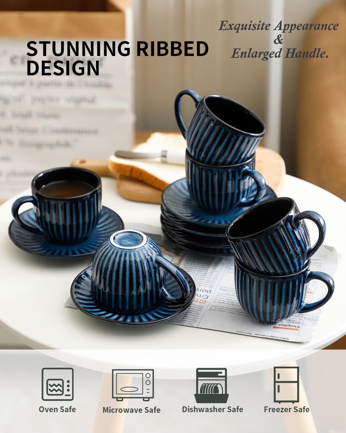 6 Oz Cappuccino Cups with Saucers Set, Ceramic Ribbed Coffee Cup Set of 6 for Coffee,Tea,Latte and Mocha, Aesthetic Gift for Anniversary or Holiday, Blue