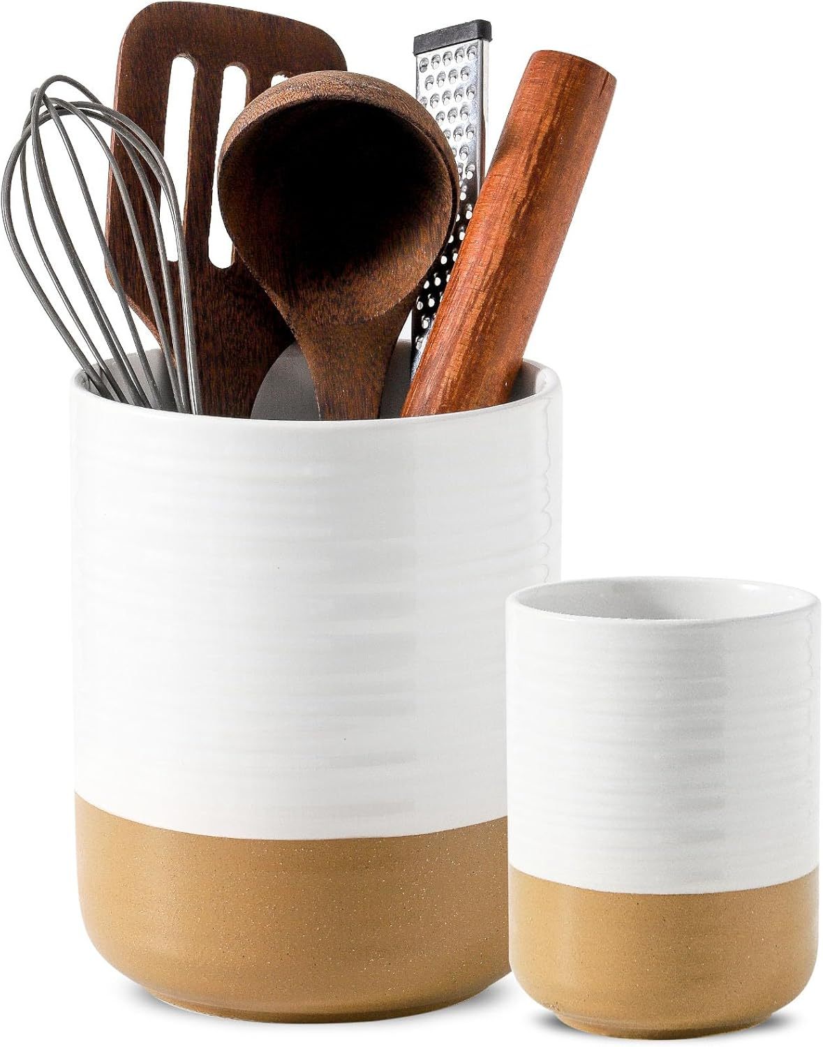 Ceramic Utensil Holder for Counter, 7.4"+5.5" Large Kitchen Utensil Organizer for Kitchen Utensil, White Cooking Utensil Crock to Hold Spatulas, Farmhouse Decor, Set of 2