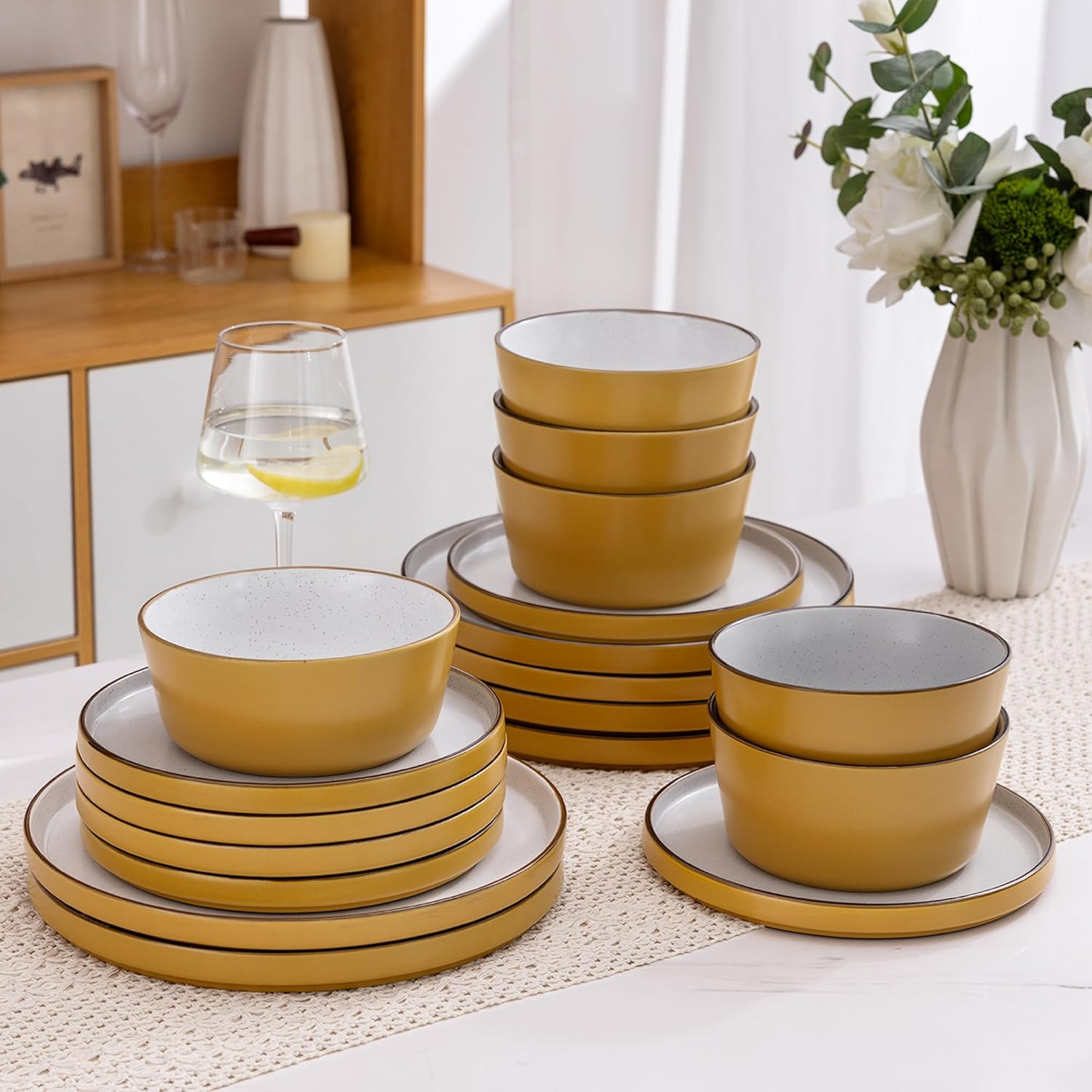 Dinnerware Set for 4, 12 Pieces Ceramic Plates and Bowls Set, Handcrafted Speckled Stoneware Plates Set, Dishwasher & Microwave Safe Dishes Set - (Yellow, Service for 4)