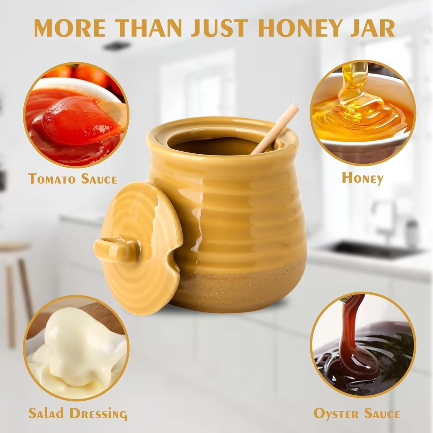 Ceramic Honey Jar and Dipper Set, 12 Ounce Honey Pot with Lid and Wooden Dipper, Porcelain Honey Dipper Stick and Jar Set