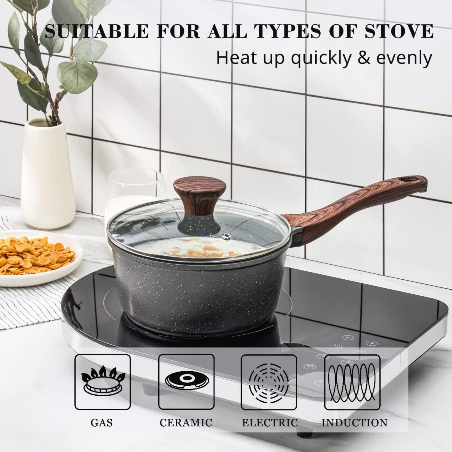 Nonstick Saucepan with Lid, 1.5 Quarts Small Pot with Swiss Granite Coating, Stay-cool Handle, Multipurpose Handy Sauce Pot Small Kitchen Cooking Pot, Induction Comptable, PFOA Free
