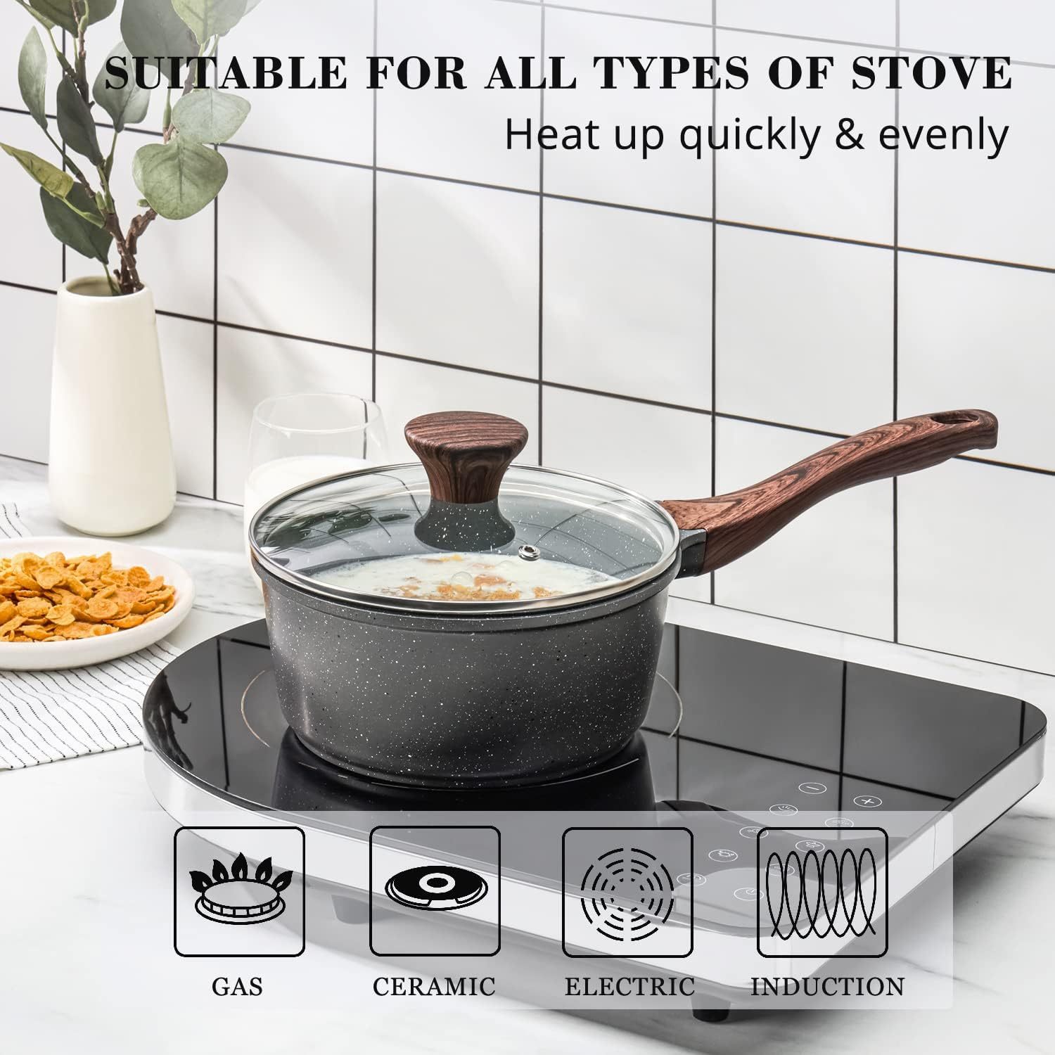 Nonstick Saucepan with Lid, 1.5 Quarts Small Pot with Swiss Granite Coating, Stay-cool Handle, Multipurpose Handy Sauce Pot Small Kitchen Cooking Pot, Induction Comptable, PFOA Free