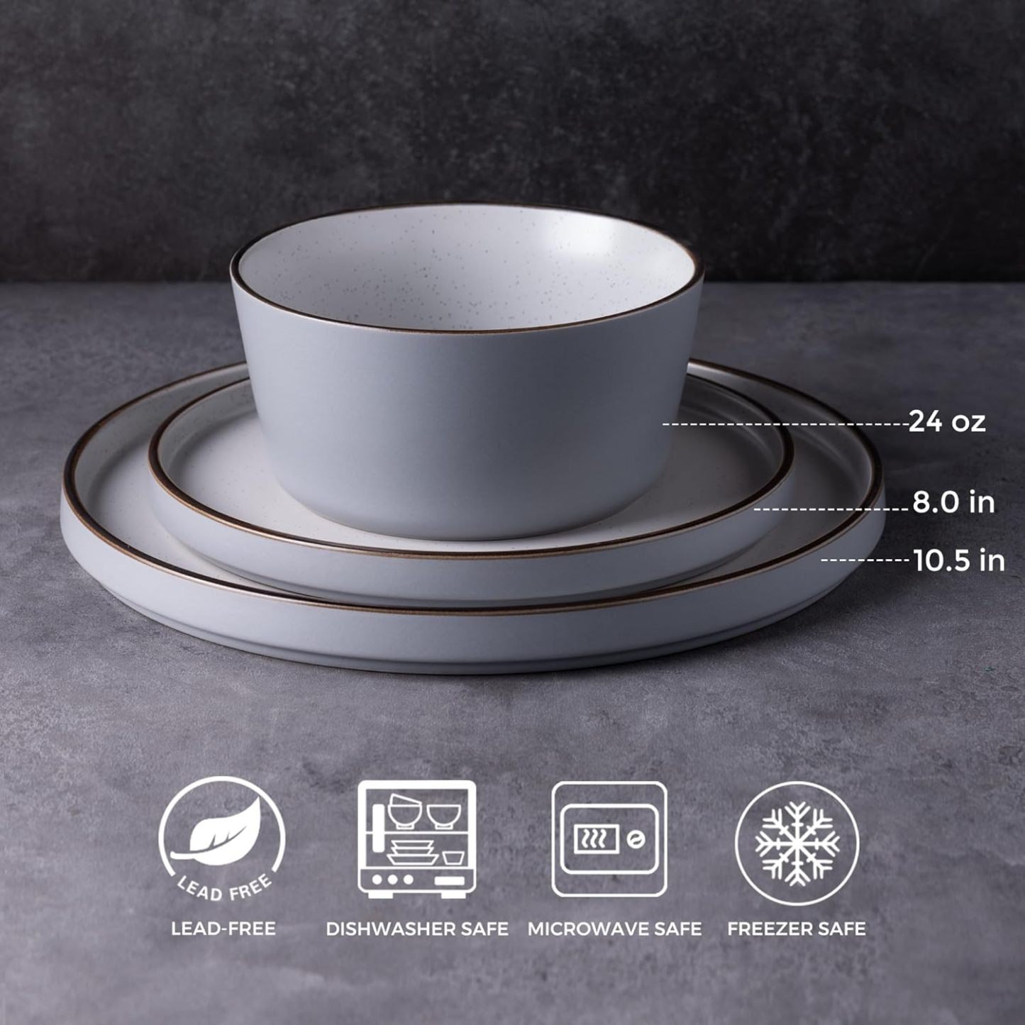 Dinnerware Set for 4, 12 Pieces Ceramic Plates and Bowls Set, Handcrafted Speckled Stoneware Plates Set, Dishwasher & Microwave Safe Dishes Set - (Grey, Service for 4)