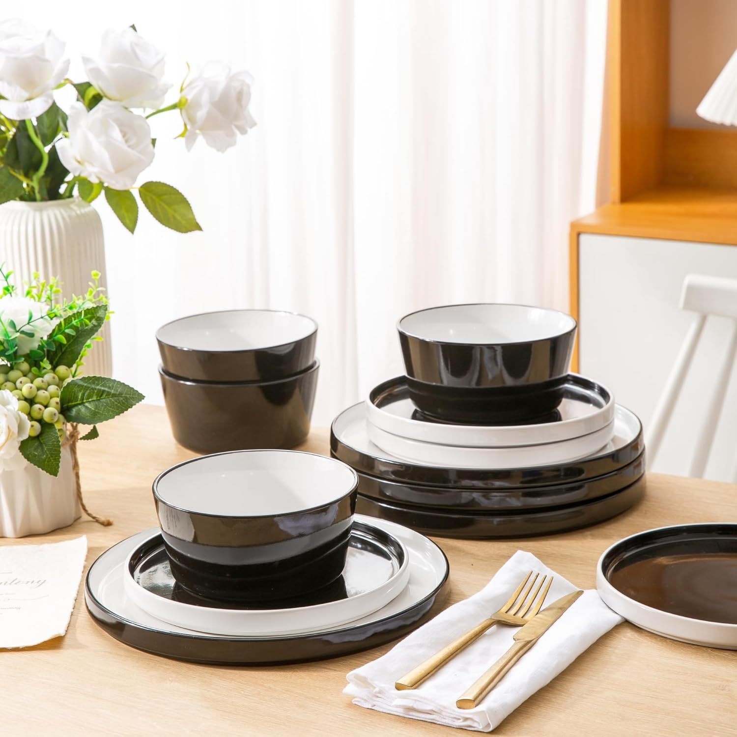 Dinnerware Sets for 6, 18 Piece Stoneware Plates and Bowls Set, Chip and Crack Resistant Plates Set, Dishwasher & Microwave Safe Ceramic Dishes Set - (Black and White, Service for 6)