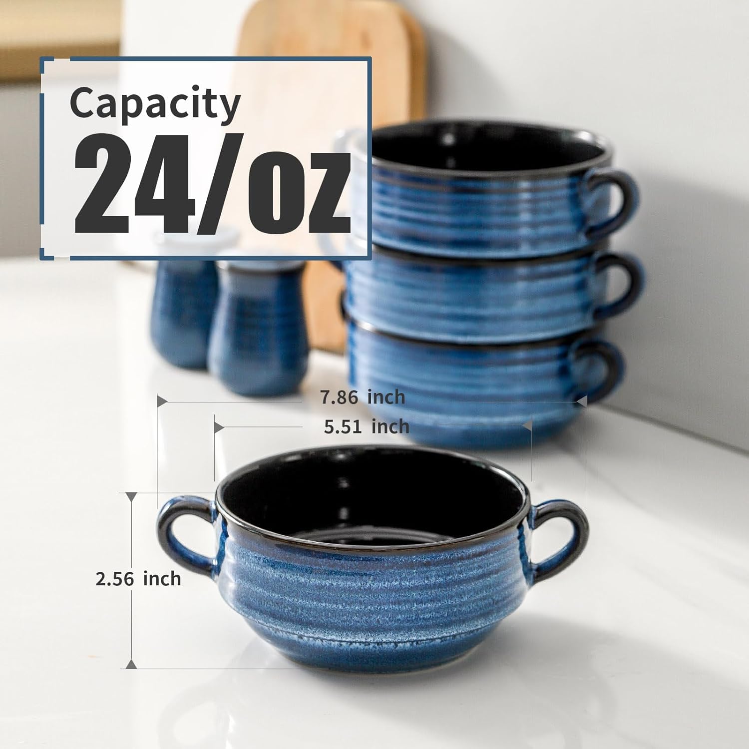 Soup Bowls, 24oz French Onion Soup Bowls with Handle Set of 6, Serving Soup Crock for Stew, Pasta, Chili, Stackable Oven Safe Bowls, Microwave Dishwasher Safe, Blue