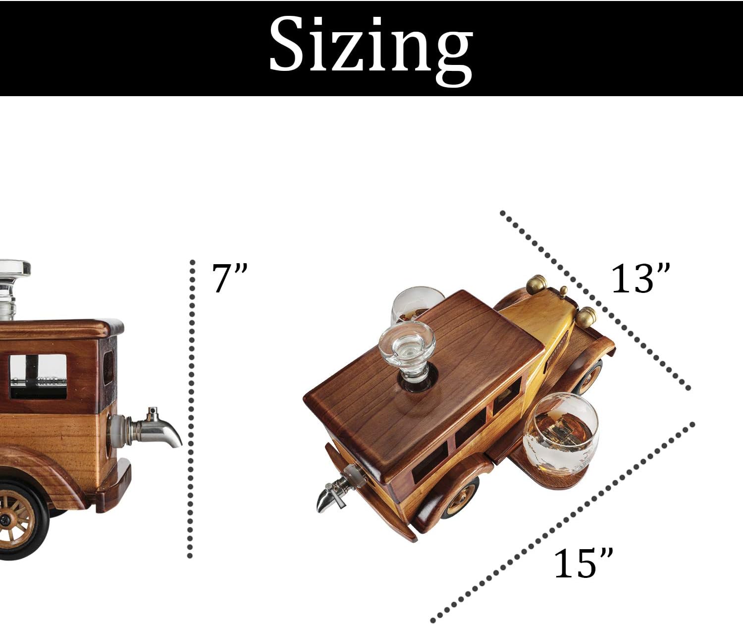 Old Fashioned Car Whiskey Decanter Set, Very Large 15" x 13" x 7" 750ml Decanter Spigot, and 2-10oz Whiskey Tumbler Old Fashion Glasses