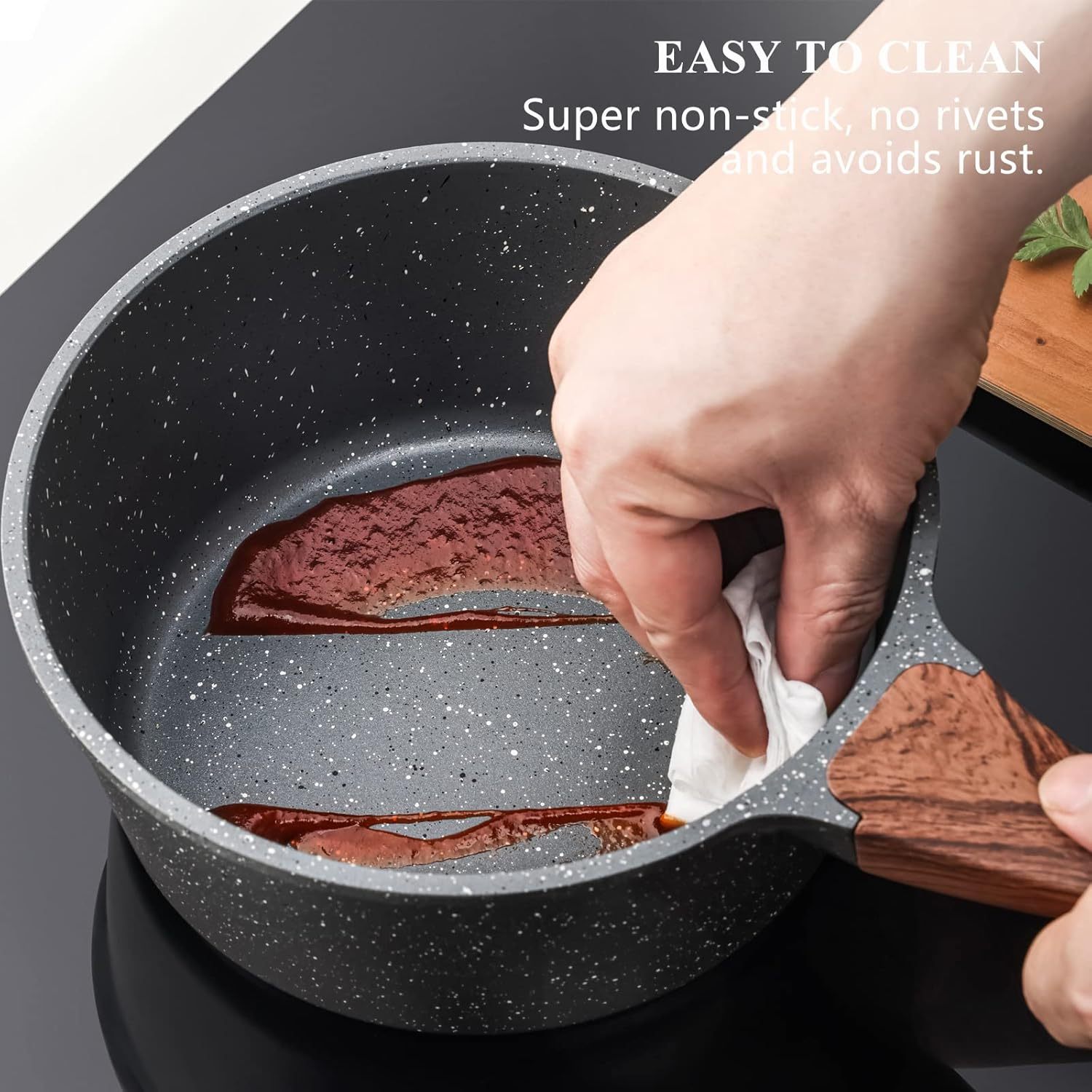Nonstick Saucepan with Lid, 1.5 Quarts Small Pot with Swiss Granite Coating, Stay-cool Handle, Multipurpose Handy Sauce Pot Small Kitchen Cooking Pot, Induction Comptable, PFOA Free