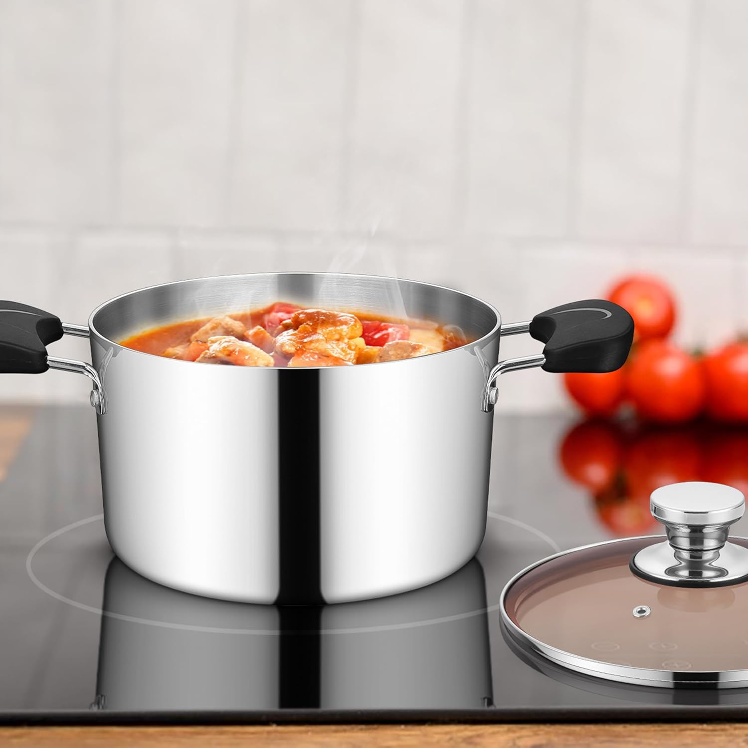 Stainless Steel Tri-ply Pasta Cooking Pot & Glass Lid with Heat-proof Handles, for Cooking Baking Boiling, Non-toxic & Heavy Duty, Various Stovetops & Dishwasher Safe