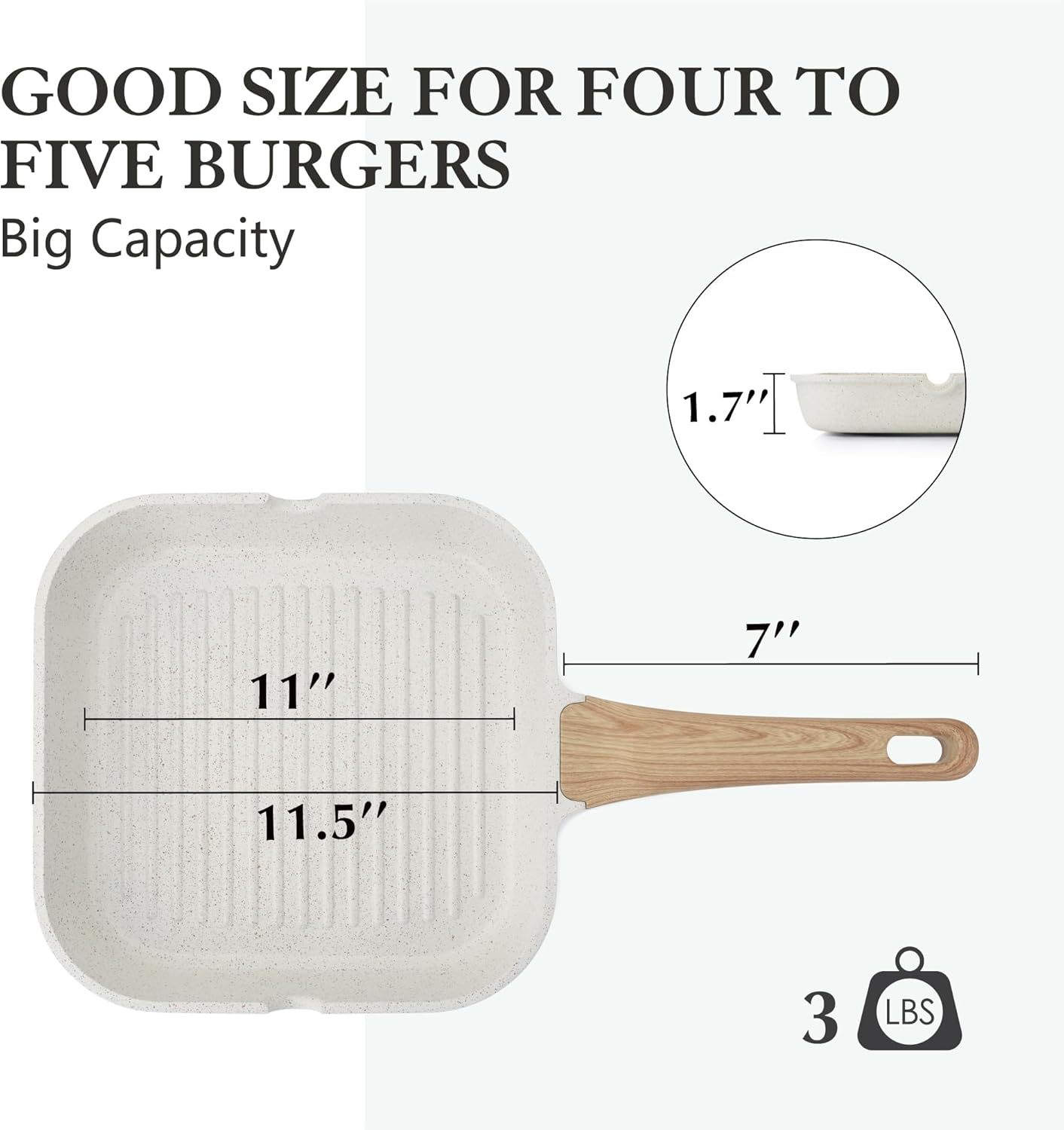 Nonstick Ceramic Grill Pan for Stove Tops, Versatile Square Grilling Pan with Pour Spouts, Durable Grill Skillet for All Stoves, Steak Pan Bacon Pan, Non Toxic-PTFE,PFAS,PFOA Free, 11 Inch