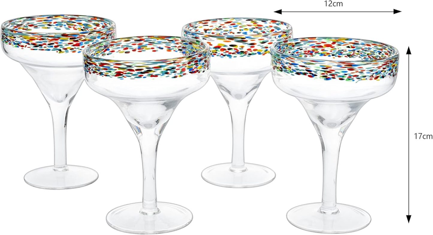 Margarita Glasses – Set of 4 - Luxury Hand Blown Confetti Margaritas, Cocktails, Water, Wine, Dessert, Martini & Champagne Cinco de Mayo
