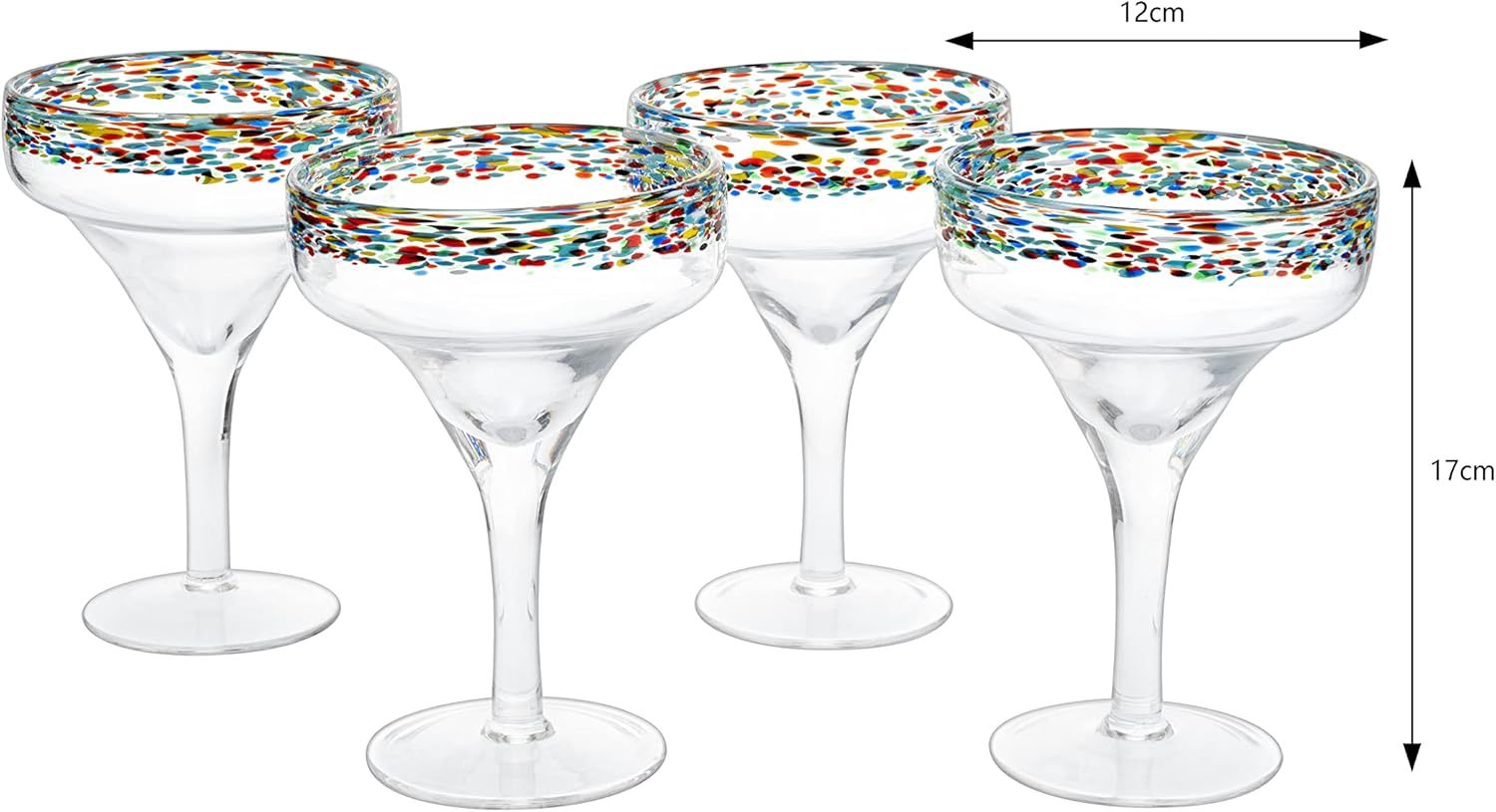 Margarita Glasses – Set of 4 - Luxury Hand Blown Confetti Margaritas, Cocktails, Water, Wine, Dessert, Martini & Champagne Cinco de Mayo