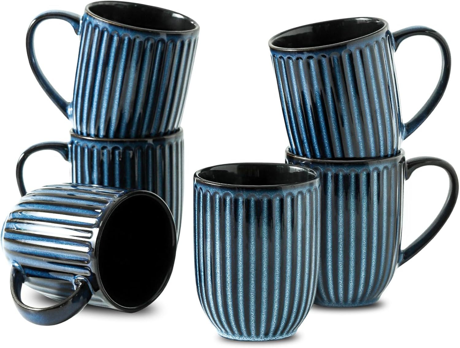 Coffee Mugs Set, 16 oz Ceramic Coffee Cups, Ribbed Tea Cup Set of 6, Latte Mugs for Tea and Cocoa, Dishwasher & Microwave Safe
