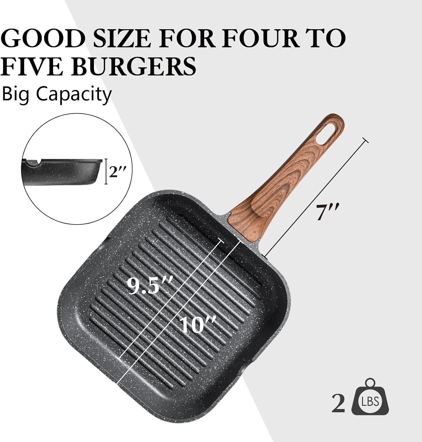9.5 Inch Nonstick Grill Pan for Stove Tops, Versatile Griddle with Pour Spouts, Square Big Cooking Surface, Durable Skillet Indoor & Outdoor Grilling. PFOA Free