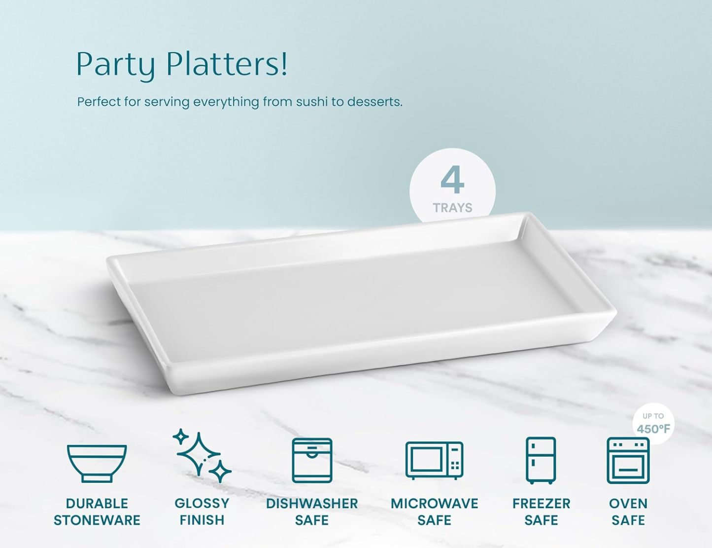 Ceramic 11 Inch Rectangular Serving Trays, Porcelain Platters for Food at Parties and Entertaining, Microwave, Dishwasher Safe, White, Set of 4