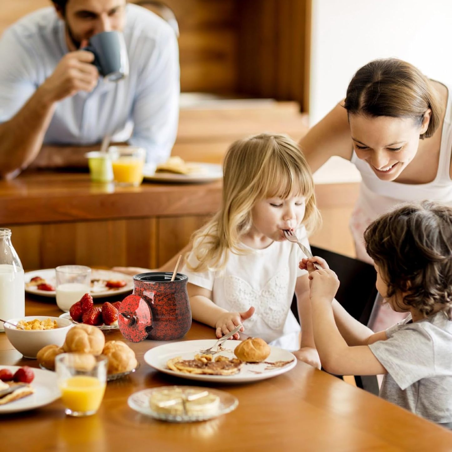 Ceramic Honey Jar and Dipper Set, 12 Ounce Honey Pot with Lid and Wooden Dipper, Porcelain Honey Dipper Stick and Jar Set
