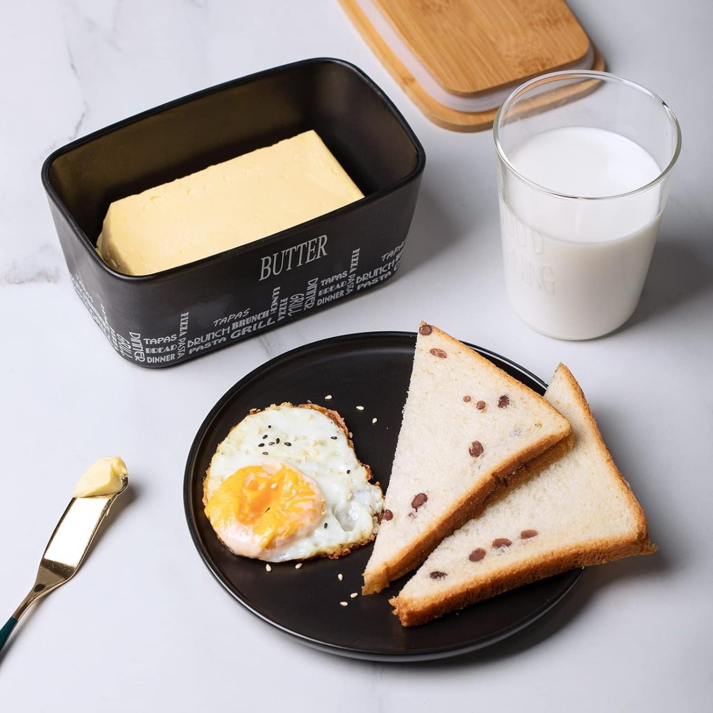 Farmhouse Butter Dish with Lid for Countertop, Butter Keeper & Holder, Butter Container for Fridge with Wooden Freshness Seal