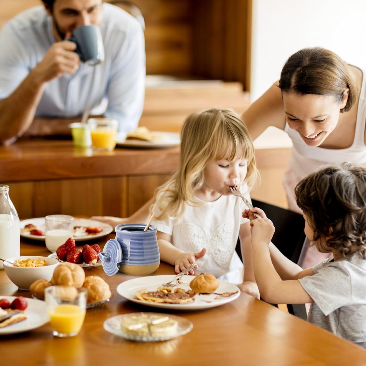 Honey Dipper Stick and Jar Set, Ceramic Honey Pot with Lid and Wooden Dipper, 12 oz Honey Jar for Home Decor