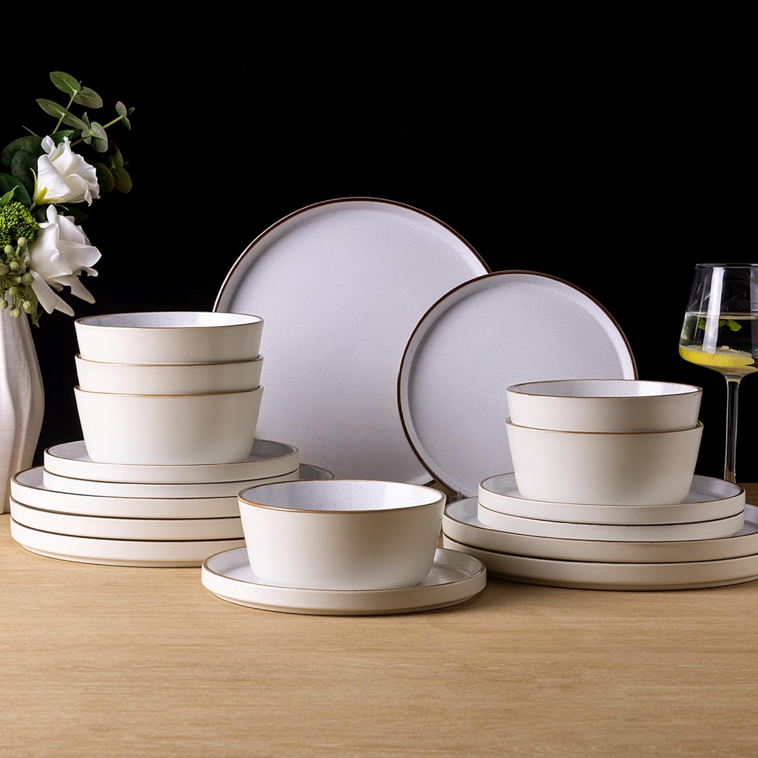 Dinnerware Set for 6, 18 Pieces Ceramic Plates and Bowls Set, Handcrafted Speckled Stoneware Plates Set, Dishwasher & Microwave Safe Dishes Set - (Cream, Service for 6)