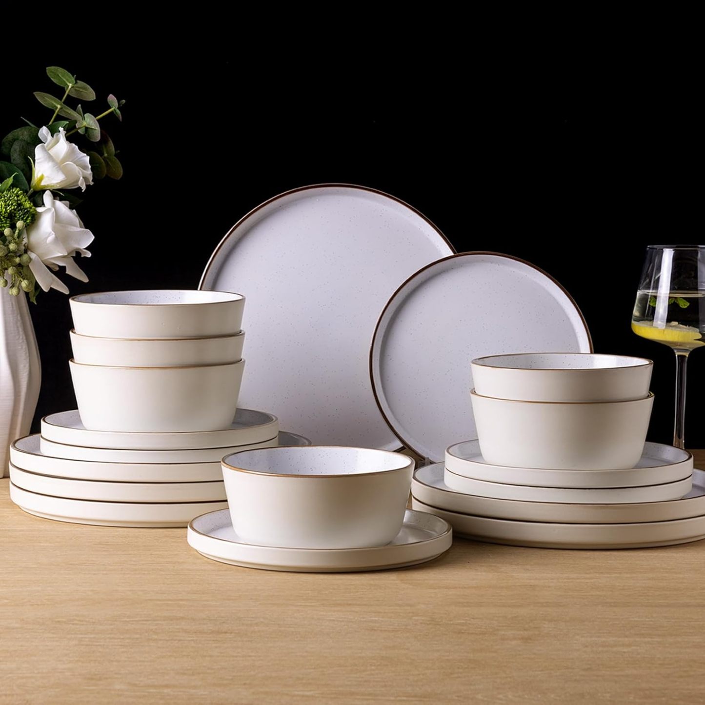 Dinnerware Set for 6, 18 Pieces Ceramic Plates and Bowls Set, Handcrafted Speckled Stoneware Plates Set, Dishwasher & Microwave Safe Dishes Set - (Cream, Service for 6)
