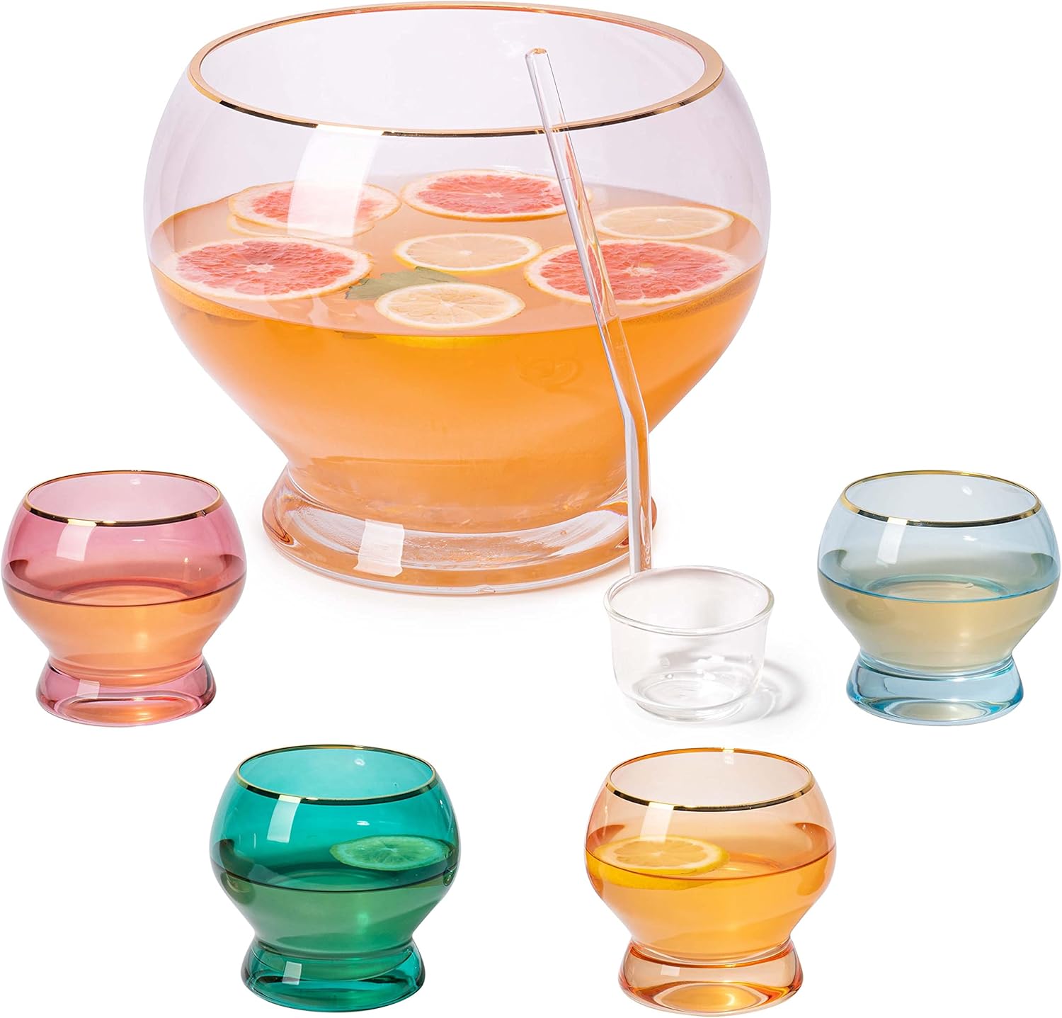 Colorful 1.7 Gallon Punch Bowl with 4 10oz Glasses Set with Ladle Gift