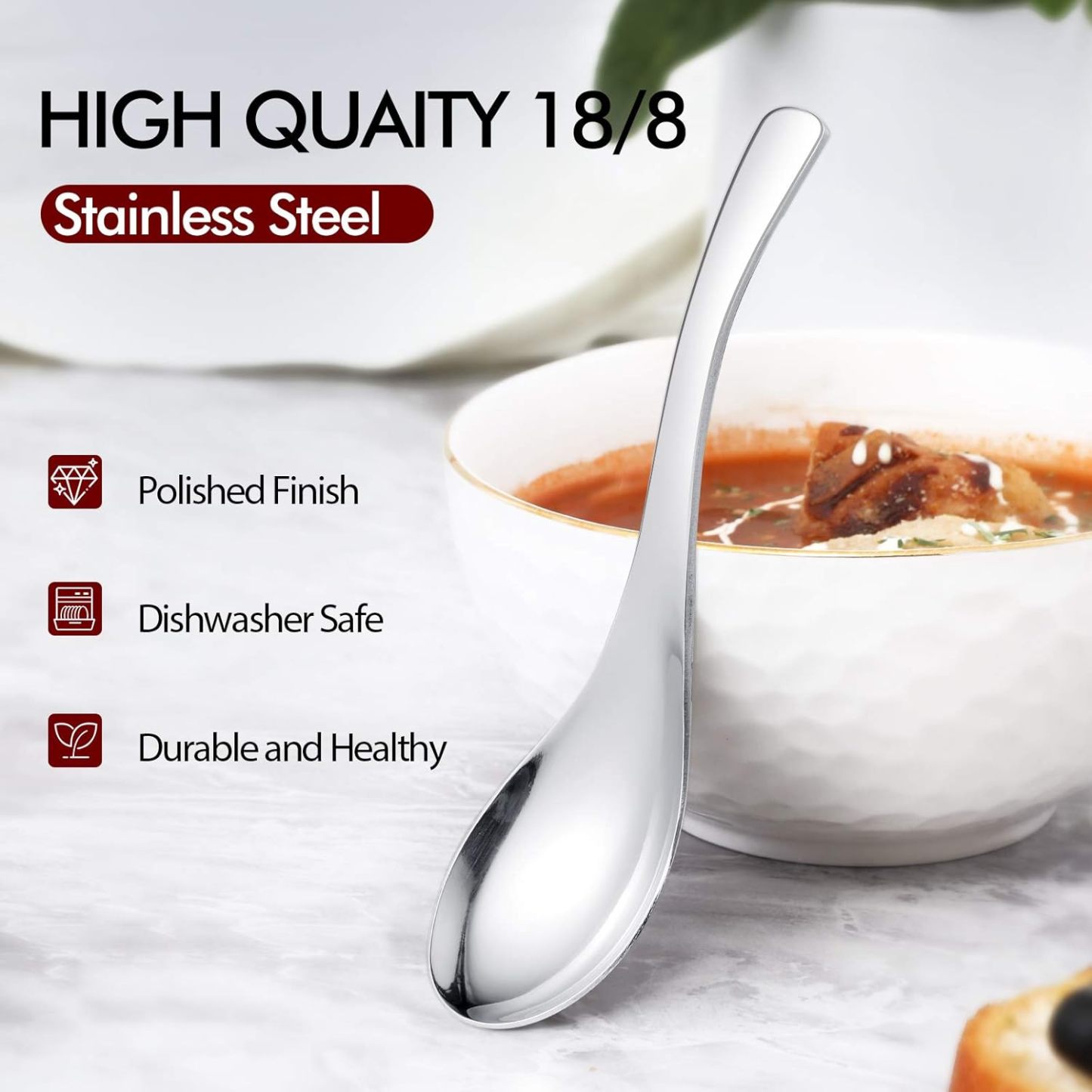 Thick Heavy-weight Soup Spoons, High Grade Stainless Steel Soup Spoons, Table Spoons, Set of 6