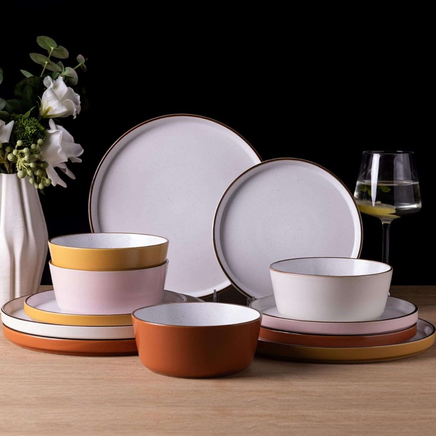 Dinnerware Set for 4, 12 Pieces Ceramic Plates and Bowls Set, Handcrafted Speckled Stoneware Plates Set, Dishwasher & Microwave Safe Dishes Set- (Multicolor, Service for 4)