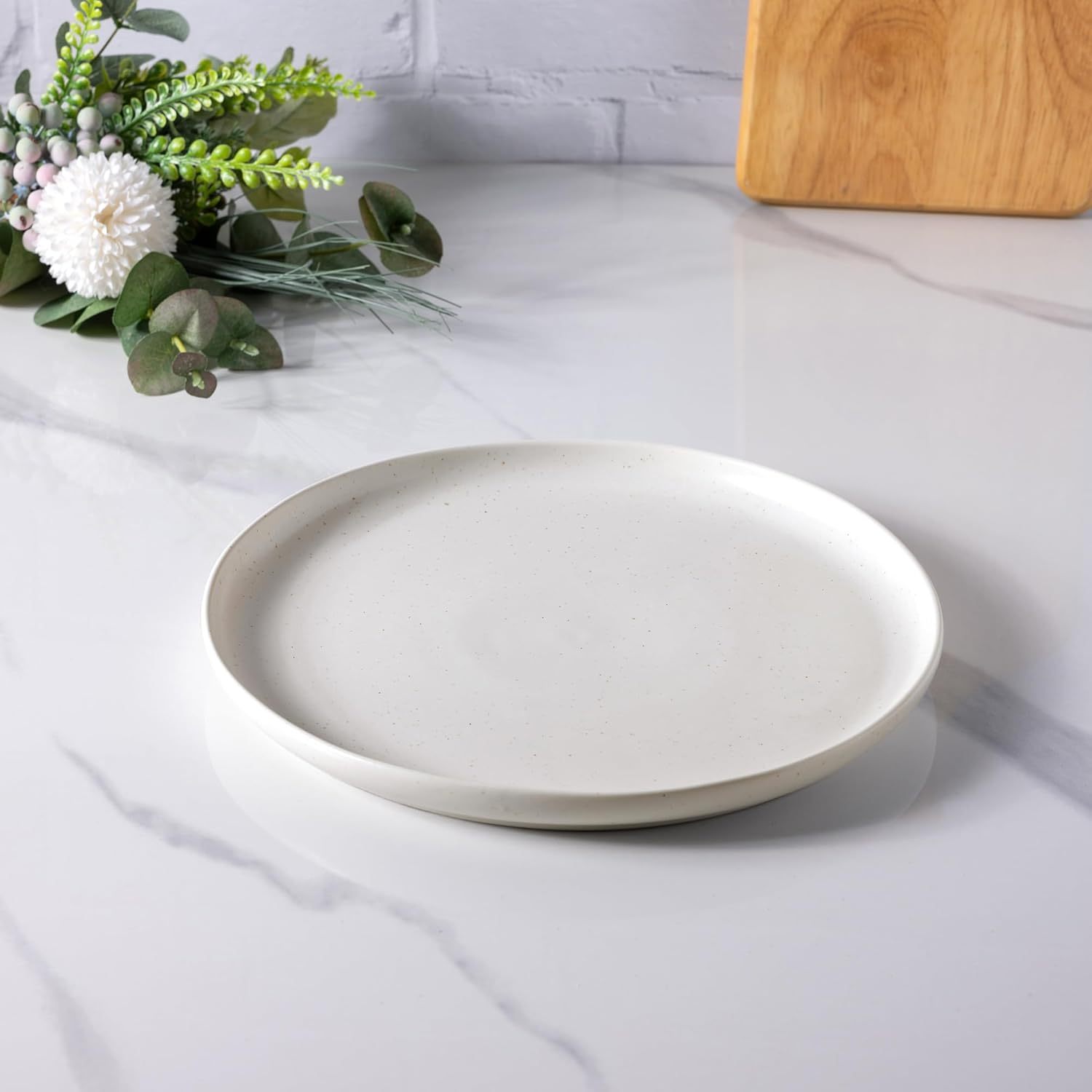 Ceramic Plates Set of 4, 8.5 In Handcrafted Wavy Rim Dish Set, Dessert, Salad, Appetizer, Small Dinner Plates, Microwave, Dishwasher Safe, Scratch Resistant - Matte Speckled White