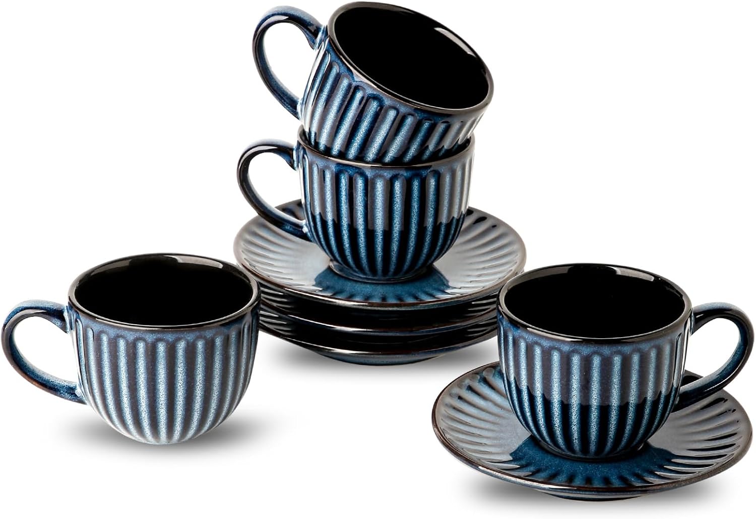 4 Oz Espresso Cups with Saucers Set of 4, Ribbed Cappuccino Cups Ceramic for Coffee,Espresso,Double shot,Latte and Macchiato, Demitasse Cups Set Aesthetic Gift, Blue