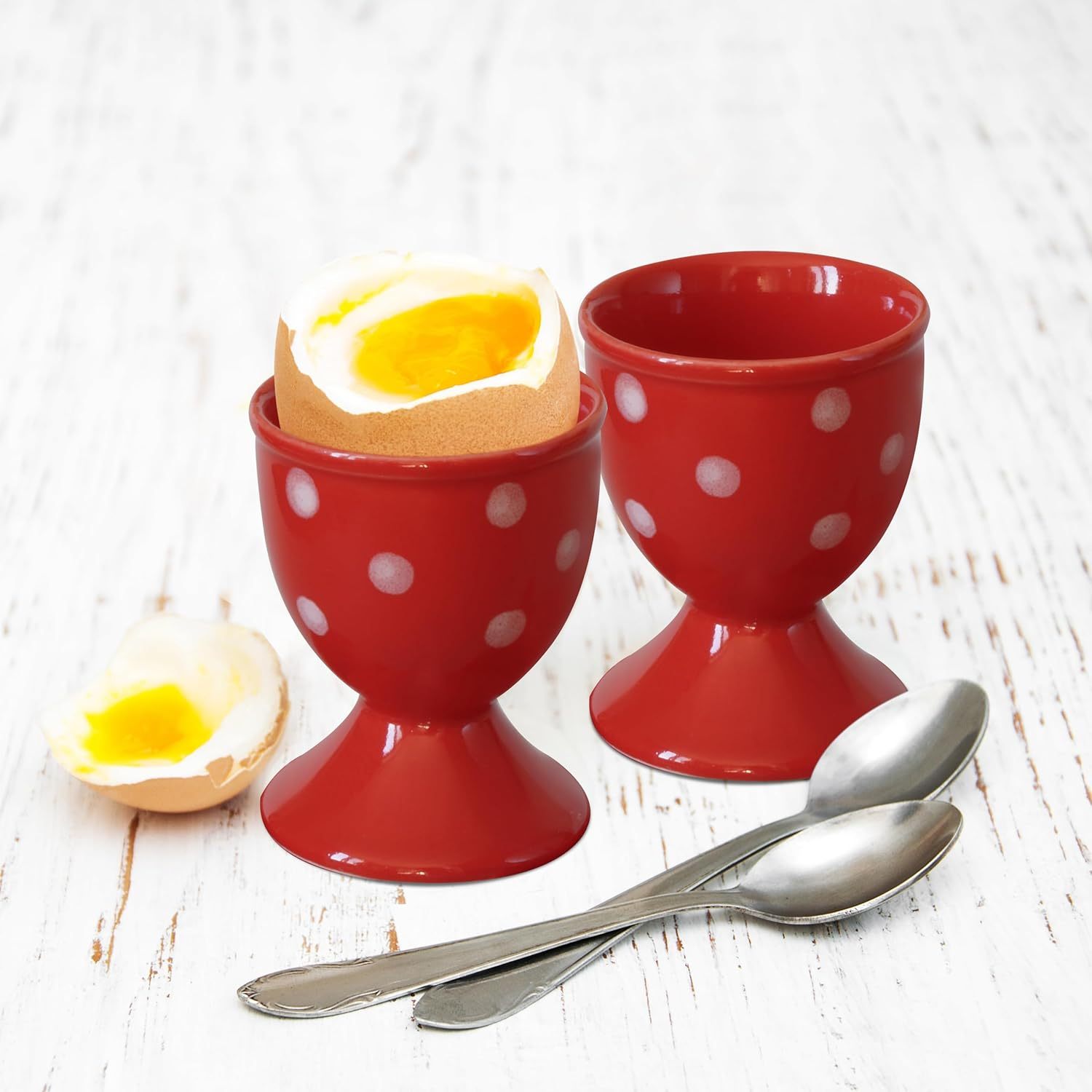 Ceramic Egg Cup Red Set of 2 Porcelain Holder Breakfast Boiled Cooking Easy to Clean Childhood Memories Kitchen