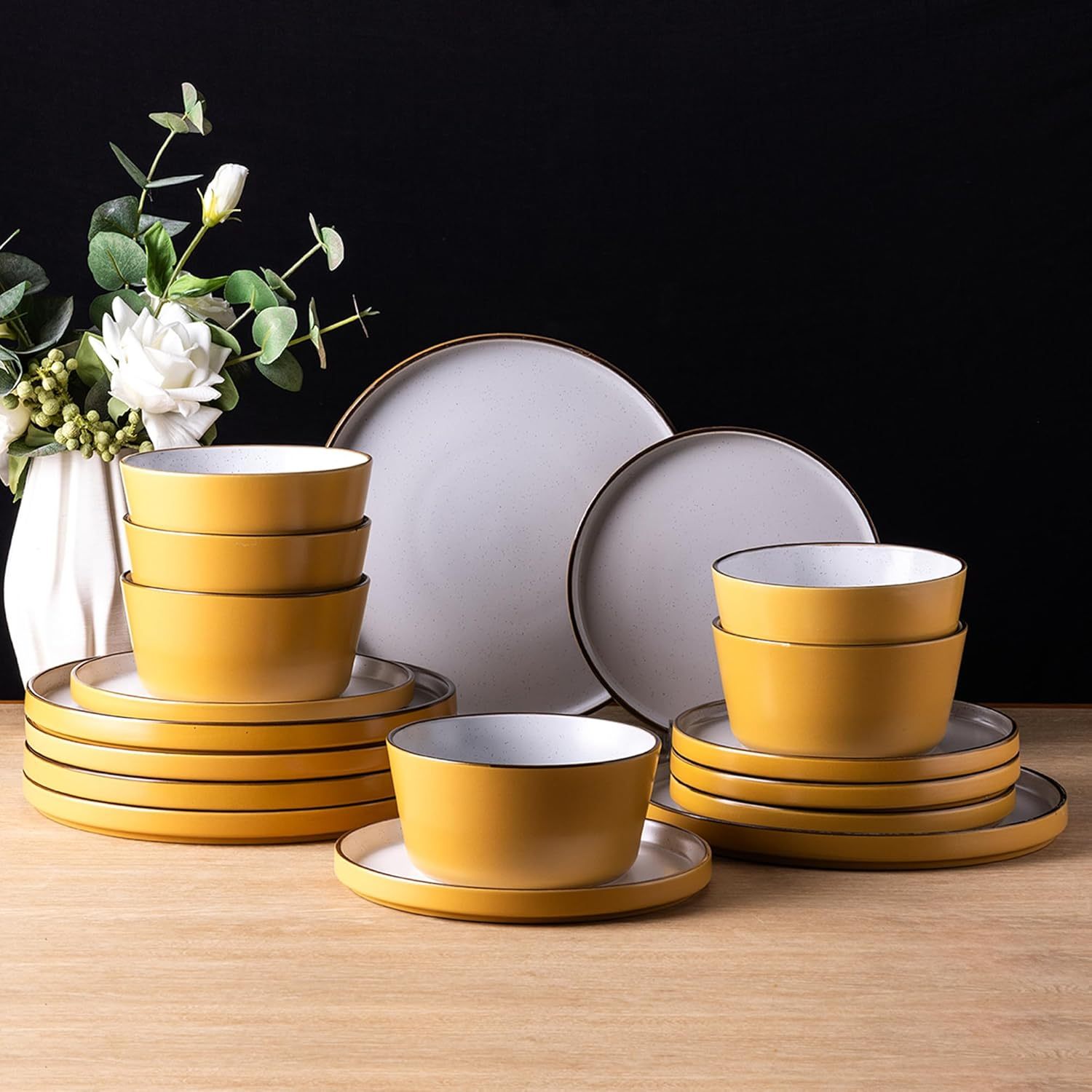 Dinnerware Set for 4, 12 Pieces Ceramic Plates and Bowls Set, Handcrafted Speckled Stoneware Plates Set, Dishwasher & Microwave Safe Dishes Set - (Yellow, Service for 4)