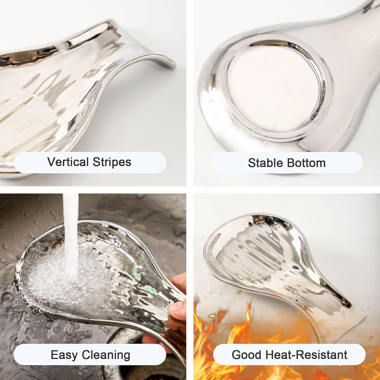 Porcelain Spoon Rest for Stove Top, 7 Inch Large Spoon Holder for Kichen Counter, Modern Coffee Spoon Rest, Spatula Holder, Heat Resistant, Birthdays Housewarming Gifts, Sliver