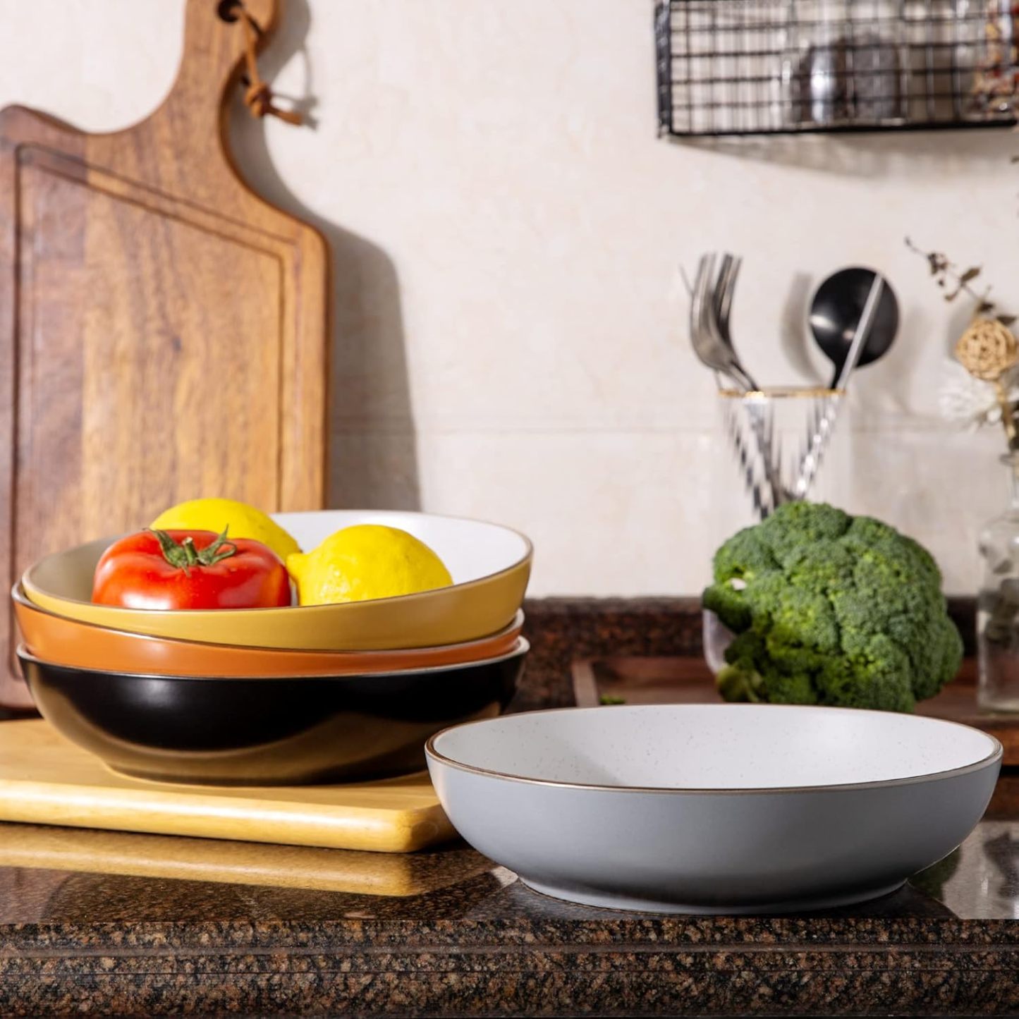 8.5'' Stoneware Pasta Bowls, 32oz Large Speckled Bowls Set of 4 for Kitchen, Wide Bowls for Pasta,Salad,Oatmeal, Microwave&Dishwasher Safe, Mullti-color