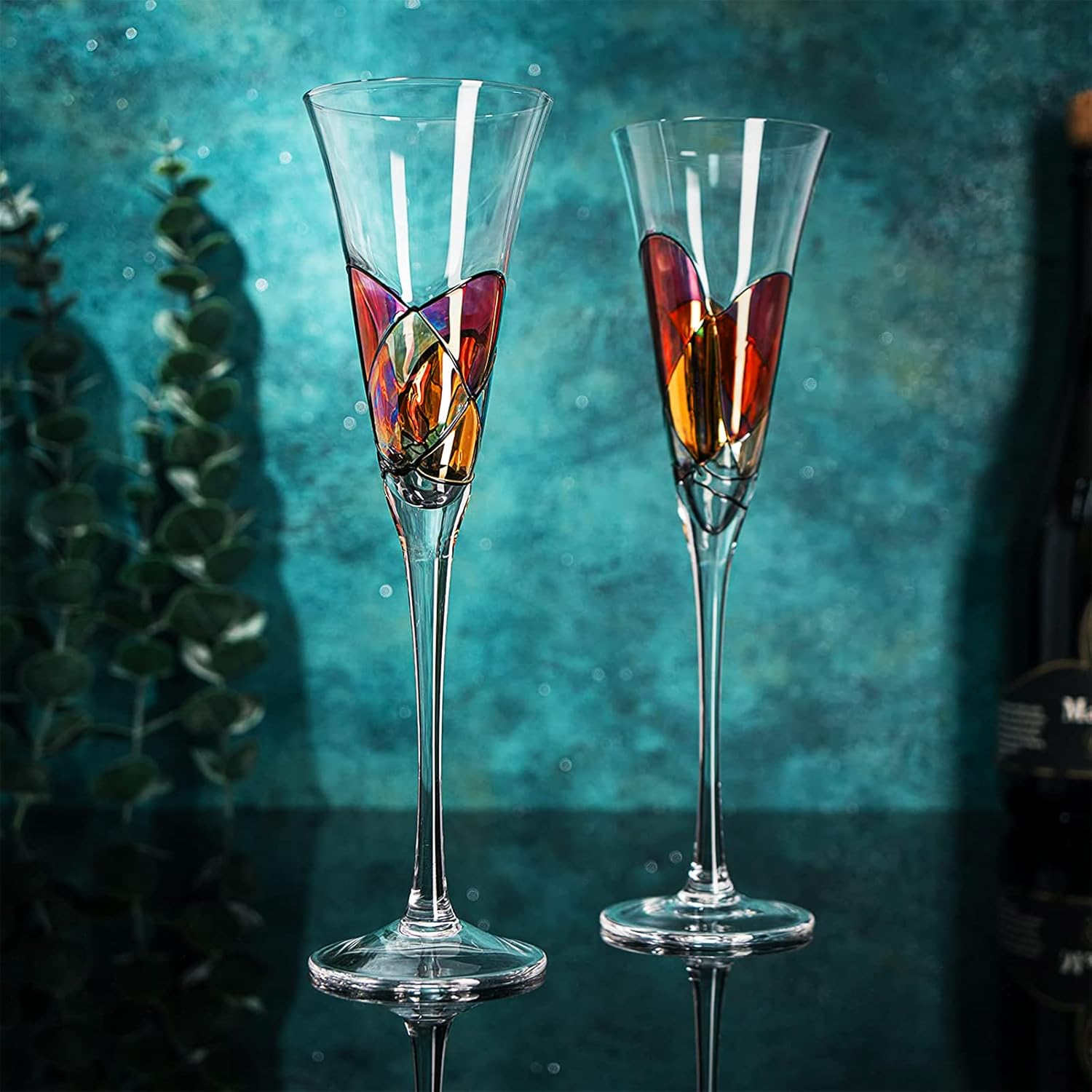 Artisanal Hand Painted Martini, Champagne & Cocktail Glasses, Renaissance Romantic Stain-glassed Windows Gifts, 2 Set - Flutes