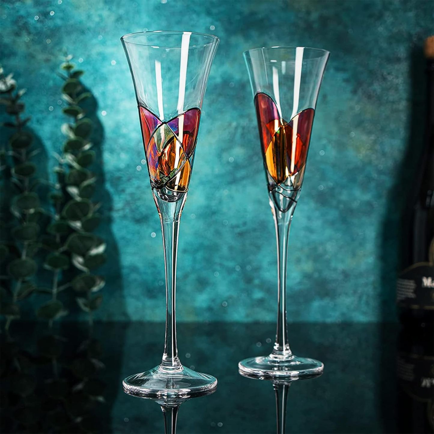 Artisanal Hand Painted Martini, Champagne & Cocktail Glasses, Renaissance Romantic Stain-glassed Windows Gifts, 2 Set - Flutes