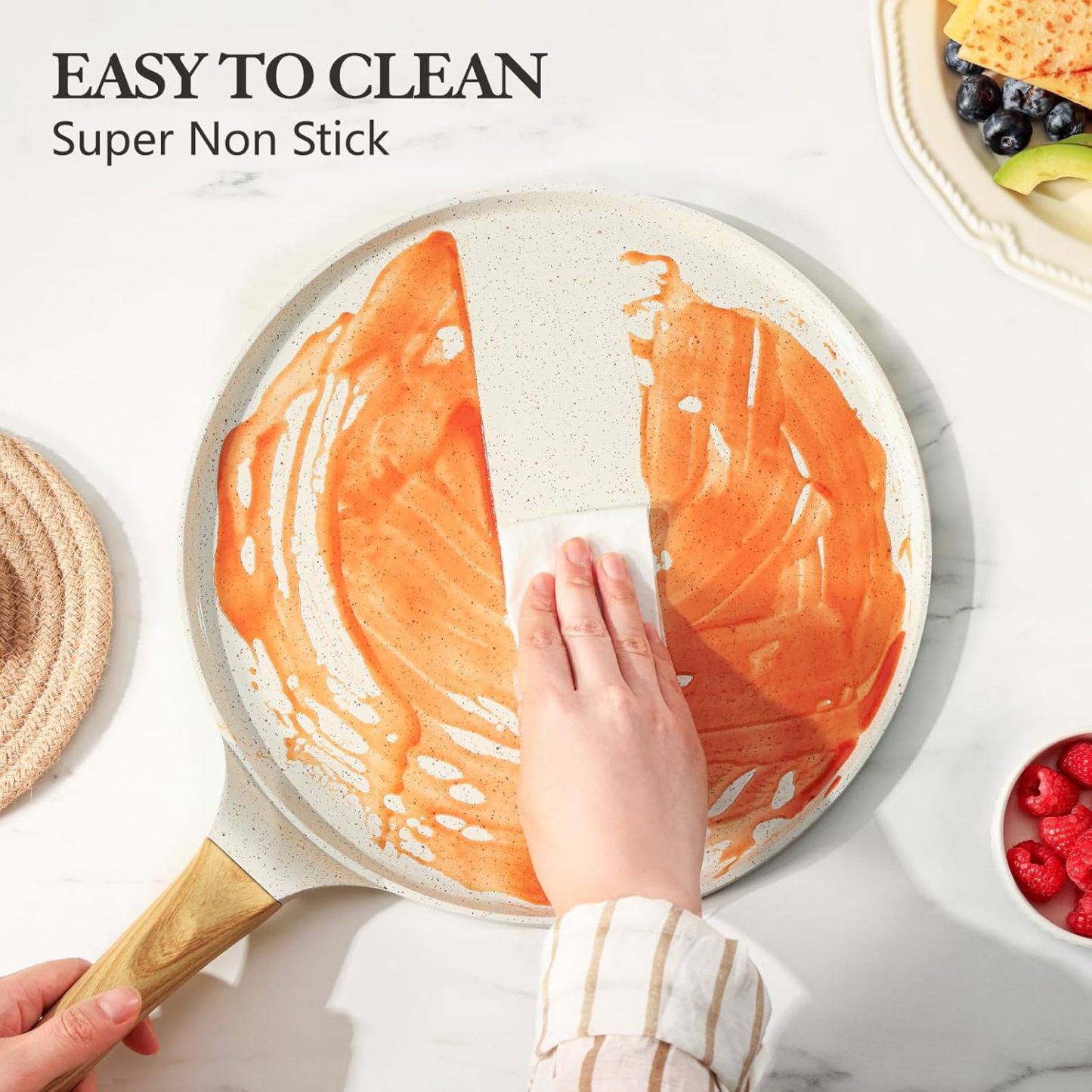 Nonstick Crepe Pan with Spreader, 12-Inch Natural Ceramic Coating Dosa Pan Pancake Flat Skillet Tawa Griddle with Stay-Cool Handle, Induction Compatible, PFOA Free (White)